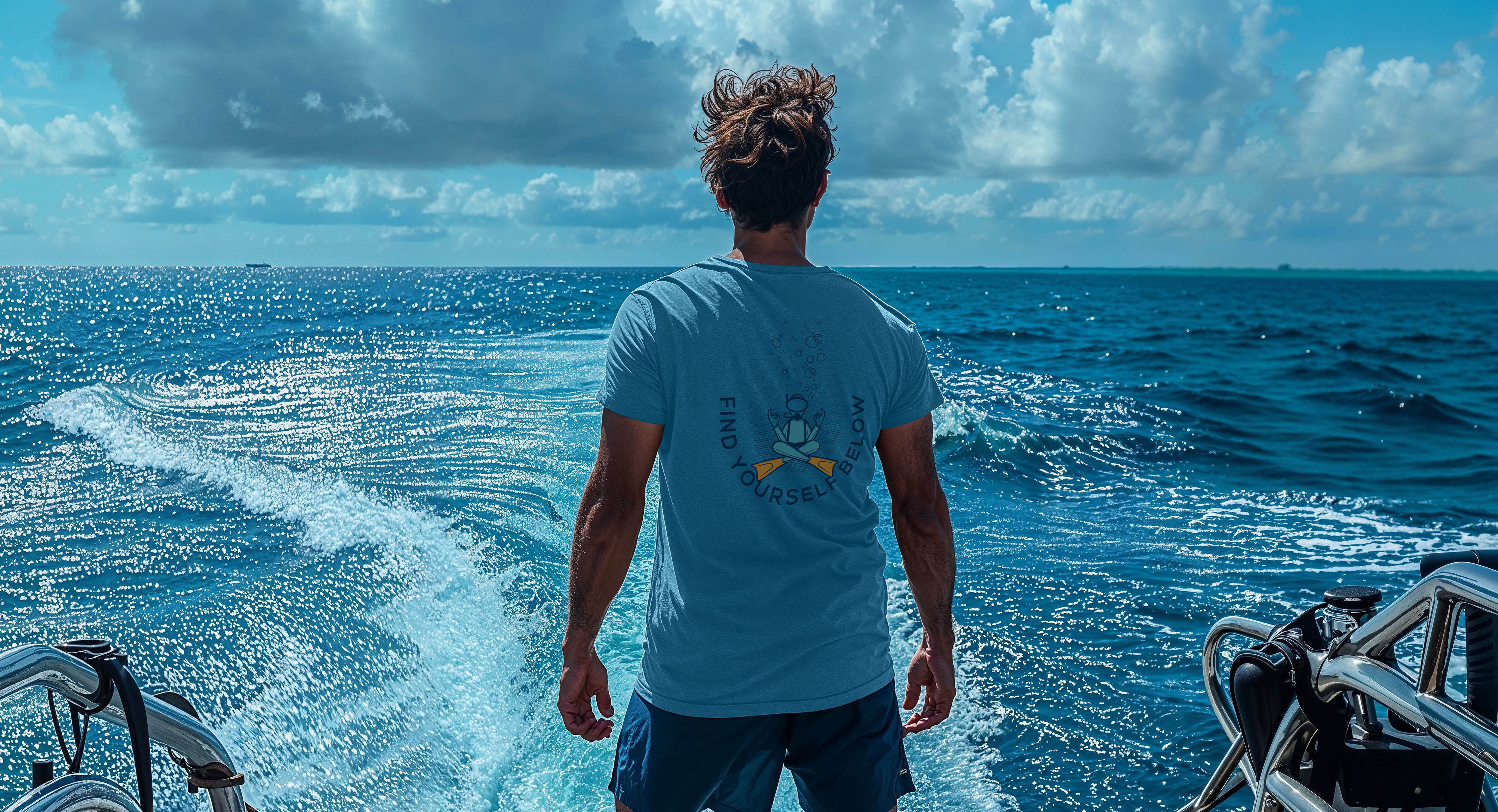 Man on boat overlooking turquoise sea wearing BlueTherapy Find Yourself Below t-shirt back view, showing diver in zen pose graphic with 'FIND YOURSELF BELOW' text arced below, waves and sky