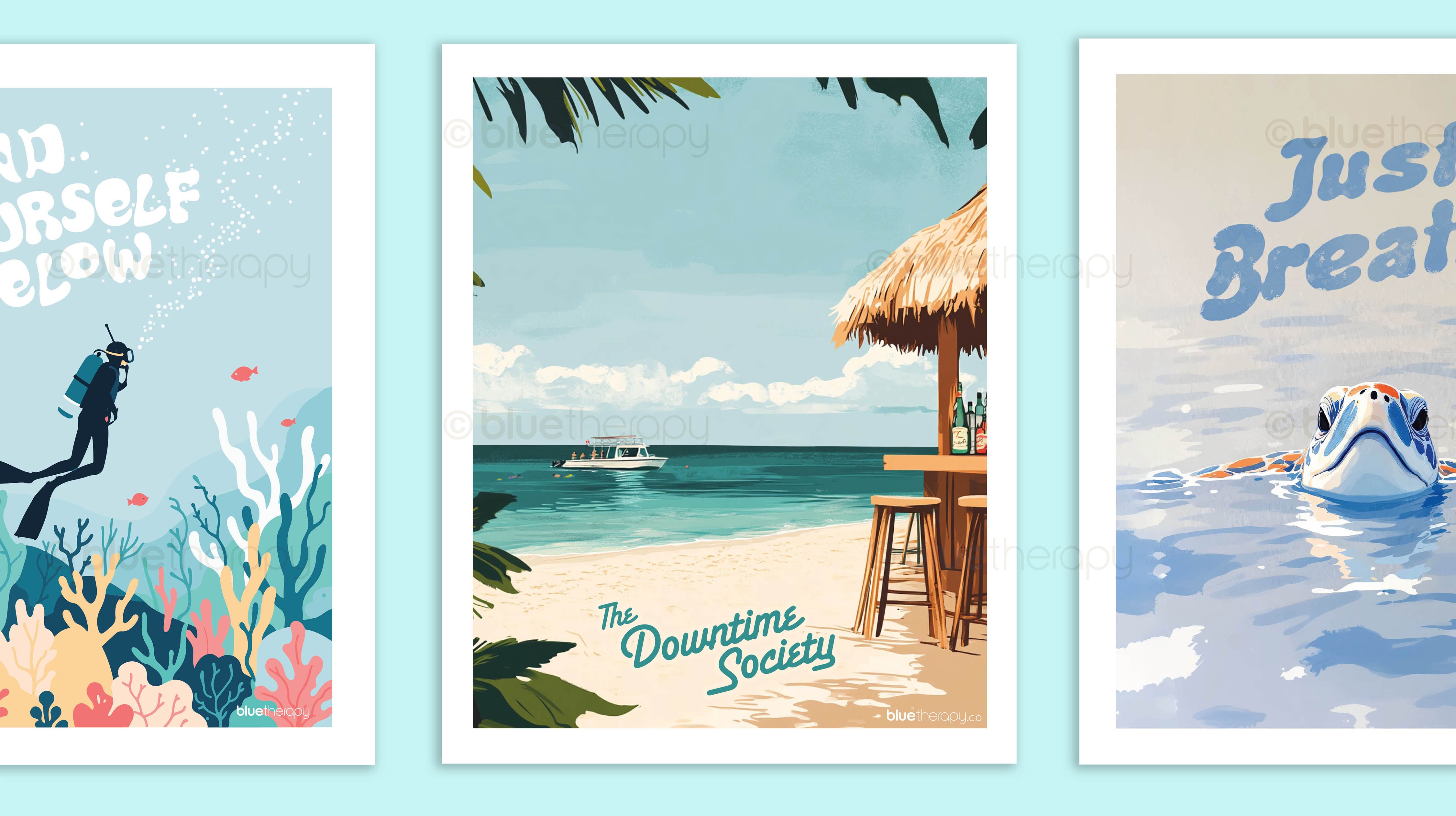 BlueTherapy wall art collection header: collage preview of ocean-themed prints including sea turtle, diver, waves, whale shark, and beach scenes in calming blue tones