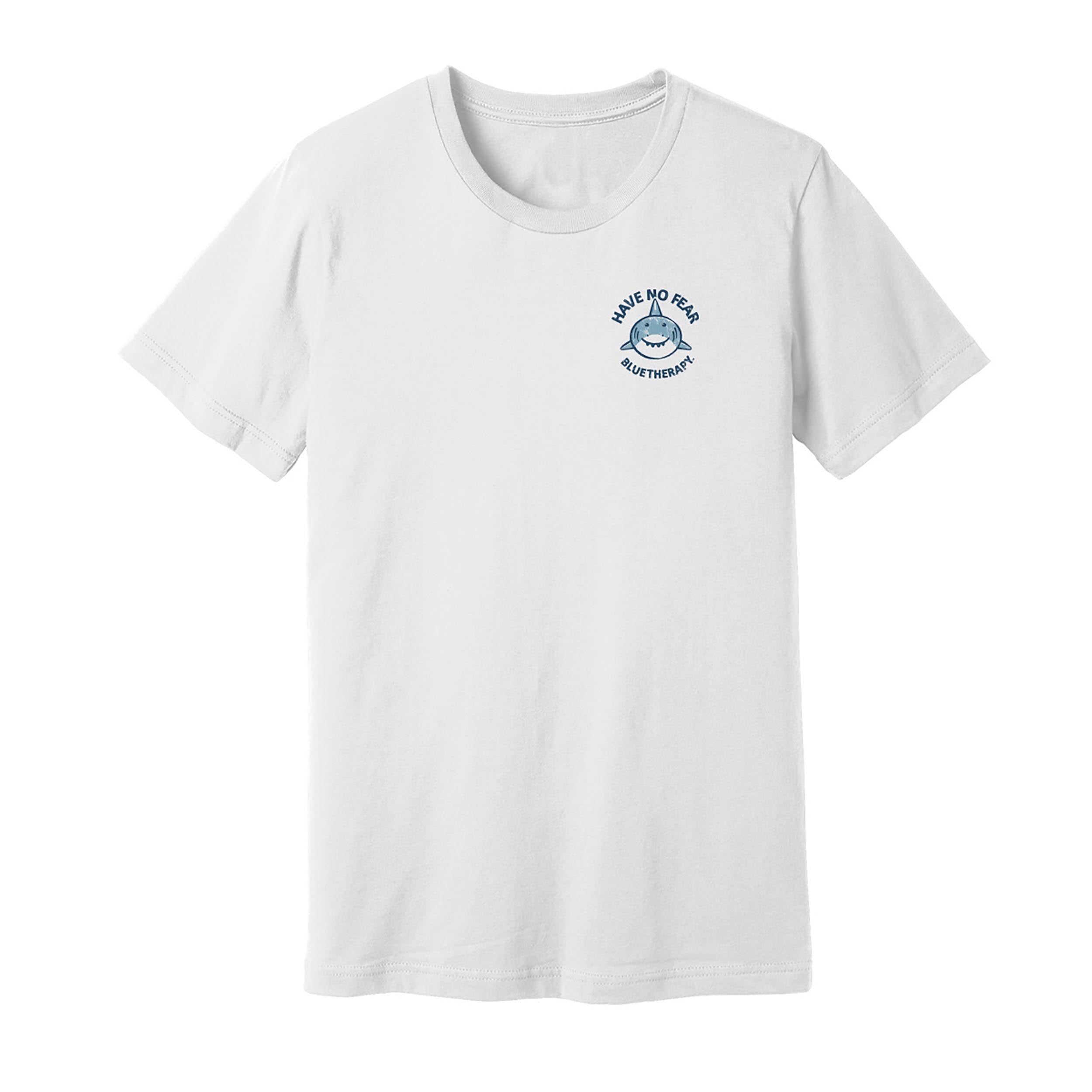 BlueTherapy Have No Fear Sharkie adult t-shirt front view, white cotton tee with friendly whale shark graphic and 'Have No Fear' text on chest