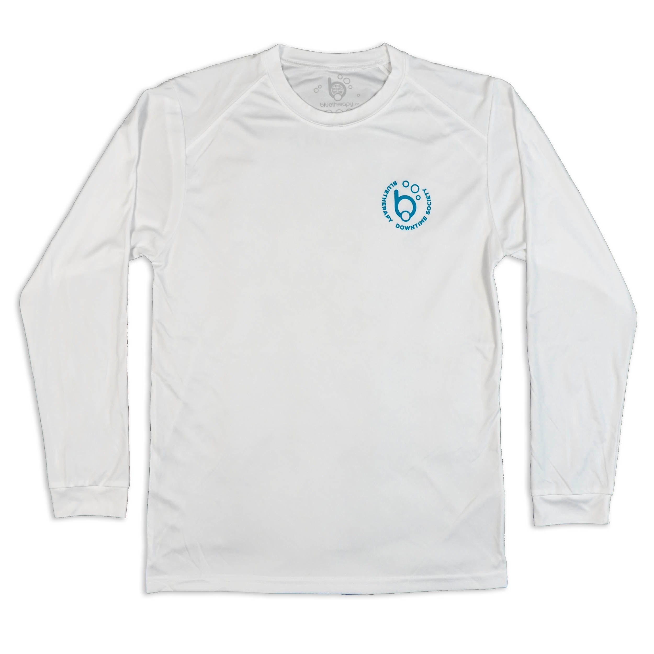Front of BlueTherapy Downtime Society UPF longsleeve, on left chest area 'Bubble B' minimalist mask and snorkel art encircled by 'BLUETHERAPY DOWNTIME SOCIETY' text