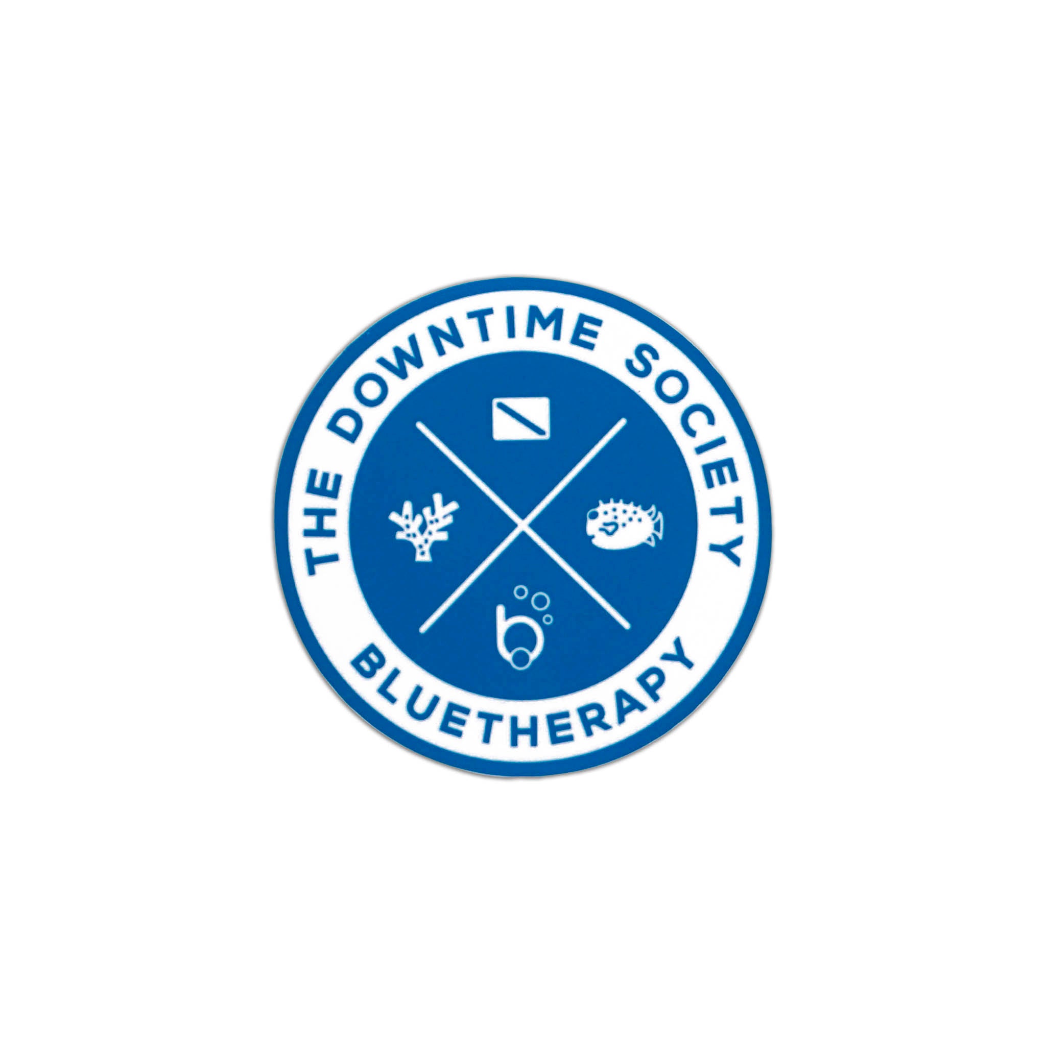 3" blue vinyl sticker with the text 'DOWNTIME SOCIETY THE BLUE THERAPY', features retro X quadrant artwork with diver down flag, pufferfish, coral, and 'bubble b' icon