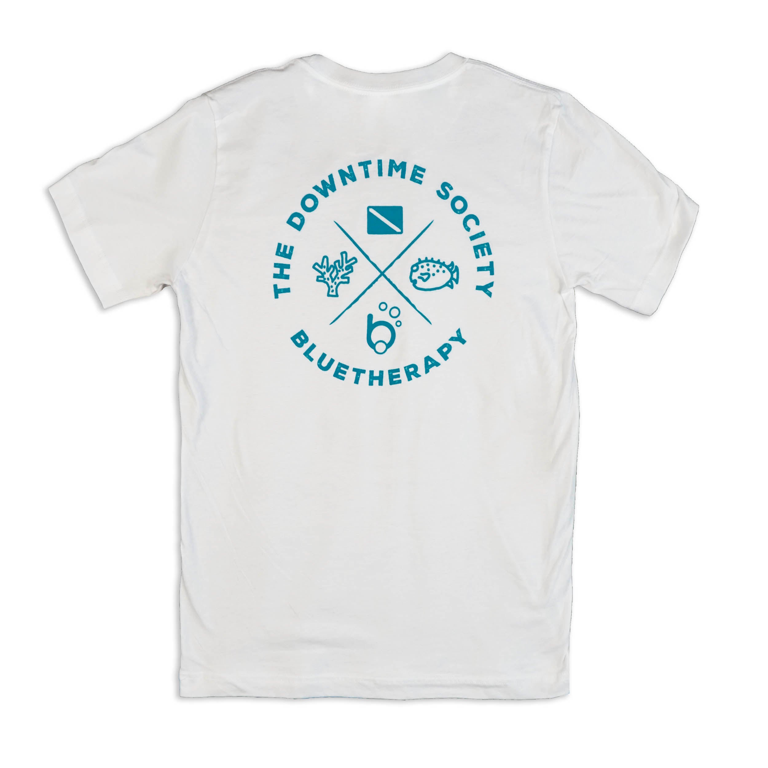 Back view of white crew neck t-shirt with text and graphic design 'BlueTherapy The Downtime Society' printed in blue ink around retro X quadrant artwork with diver down flag, pufferfish, coral, and 'bubble b' icon