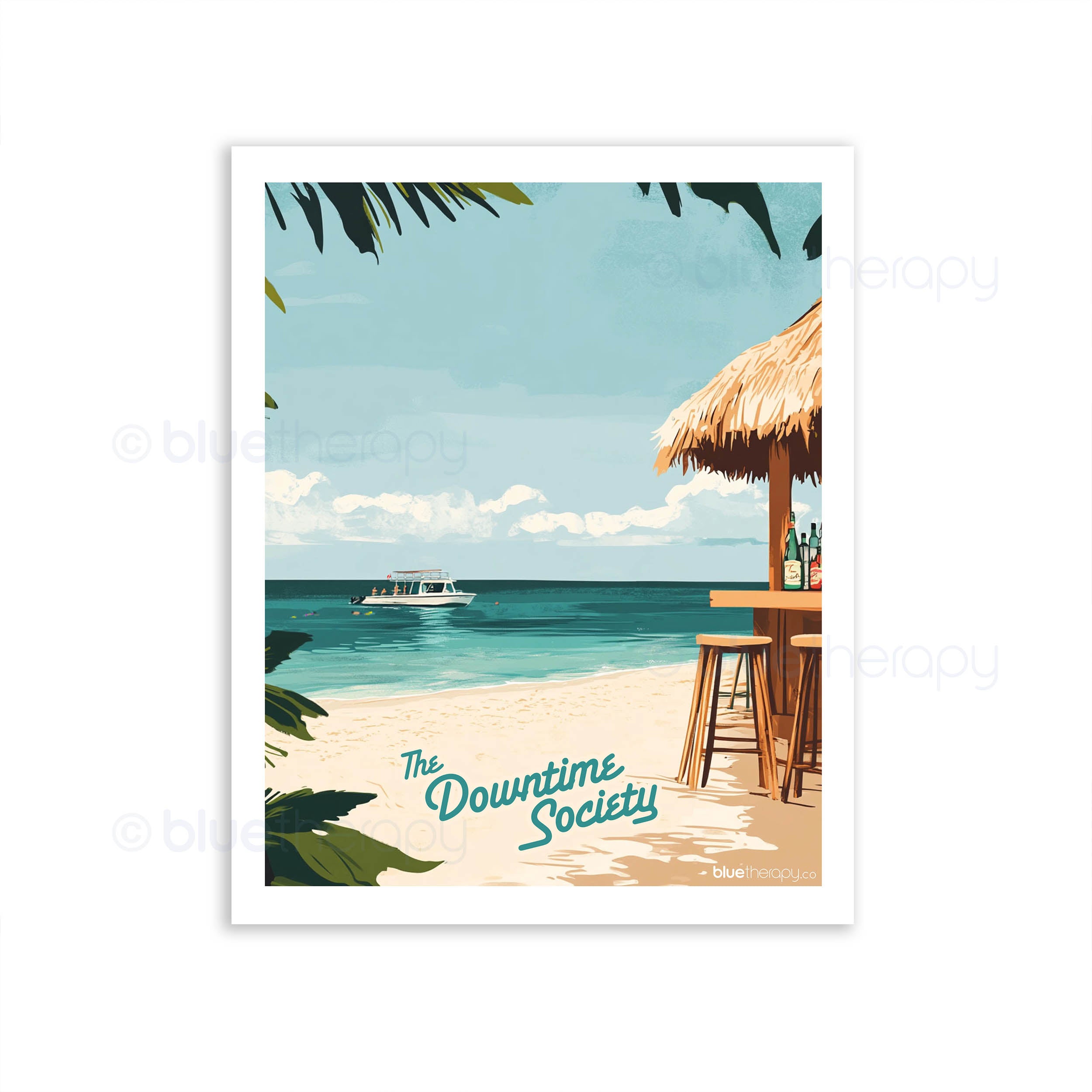 BlueTherapy The Downtime Society wall art print illustration: retro beach bar scene with thatched roof, stools, ocean view, boat on horizon, and 'The Downtime Society' text