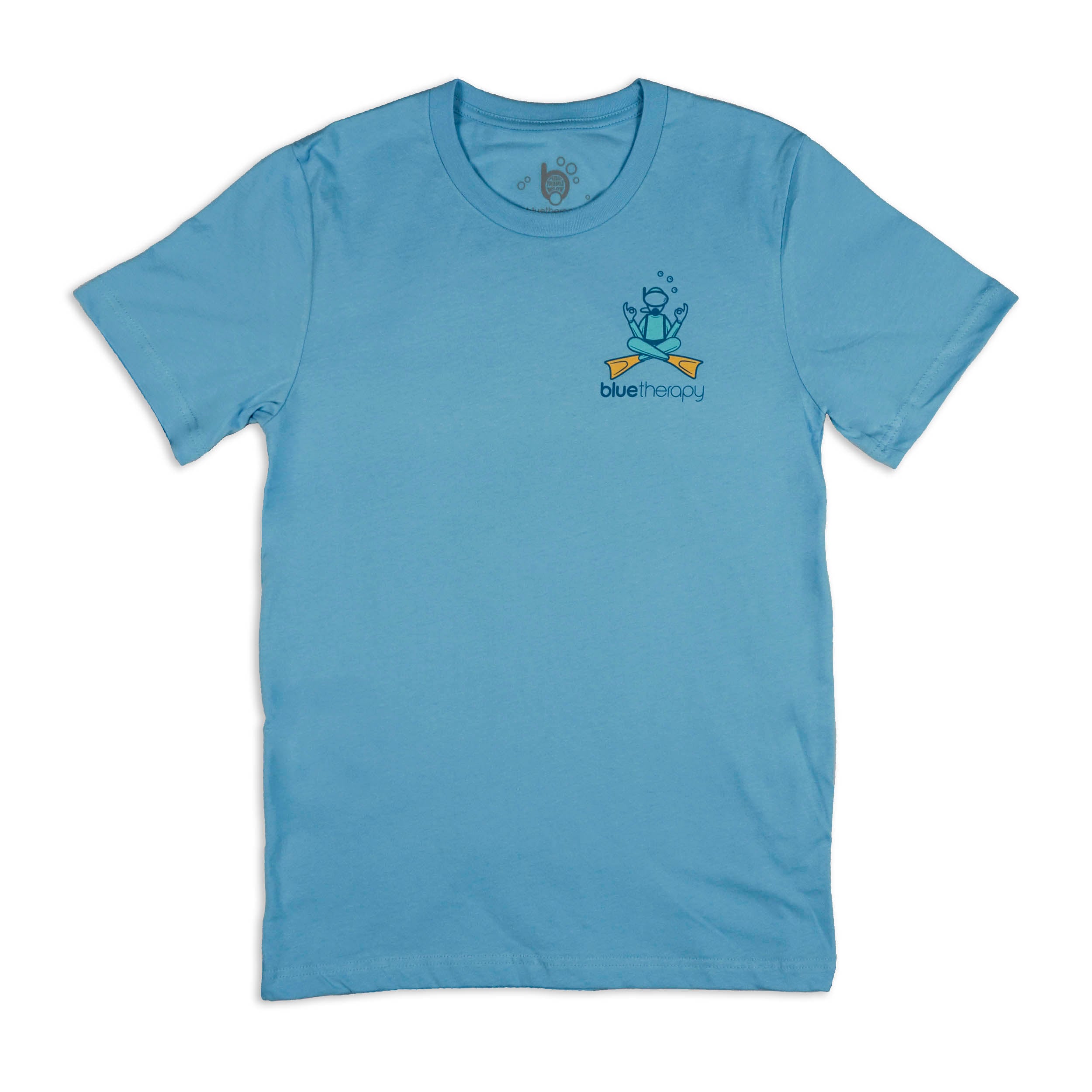 Front of light blue crew neck t-shirt, on left chest area a 3-color minimalist illustration of scuba diver in a zen pose with crossed legs/fins and hands making the okay sign, BlueTherapy brand mark under