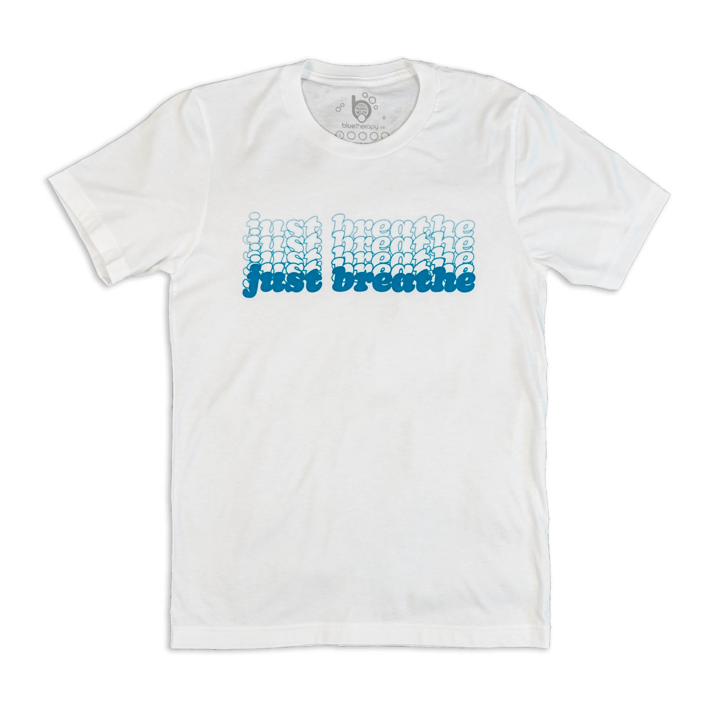 A white BlueTherapy crew neck t-shirt with the phrase 'just breathe' printed in a teal color in a stylized font.
