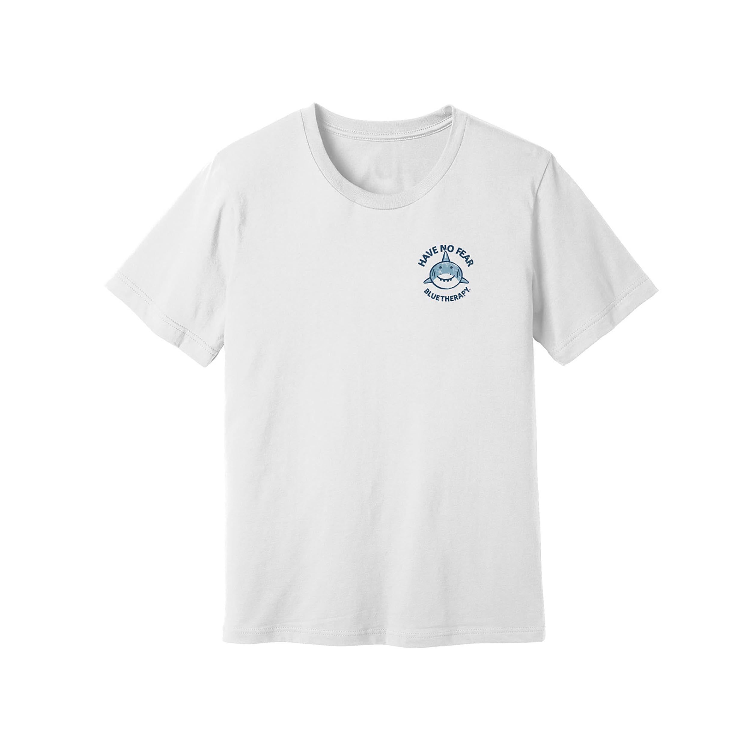 BlueTherapy Have No Fear Sharkie kids t-shirt front view, white cotton tee with friendly whale shark graphic and 'Have No Fear' text on chest