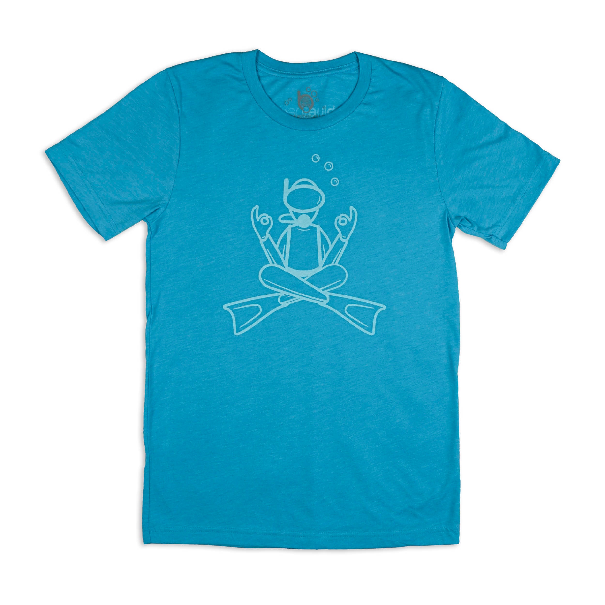Aqua/turquise blue BlueTherapy Zen t-shirt with minimalist white zen diver meditative pose graphic with bubbles and crossed fins design