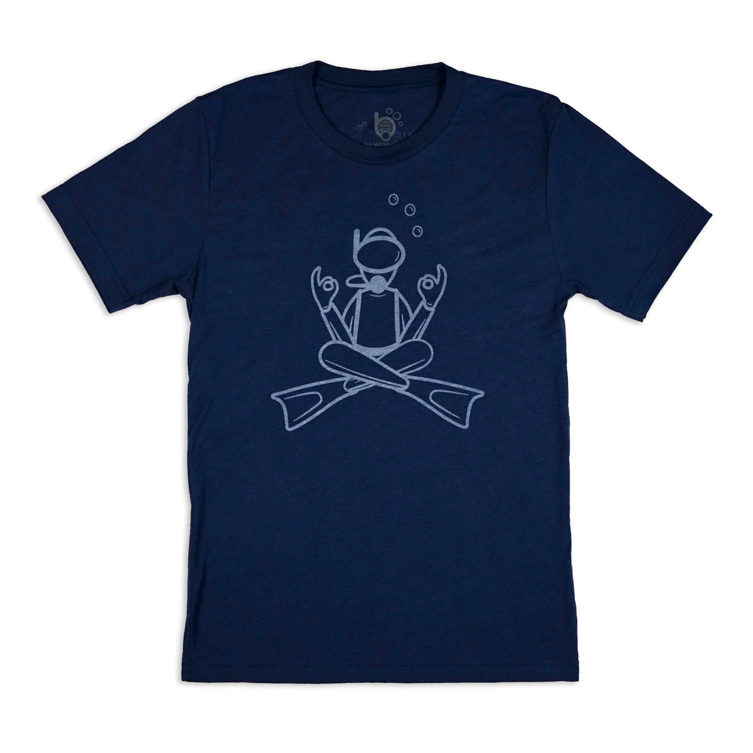 Navy blue BlueTherapy Zen t-shirt with minimalist white zen diver meditative pose graphic with bubbles and crossed fins design