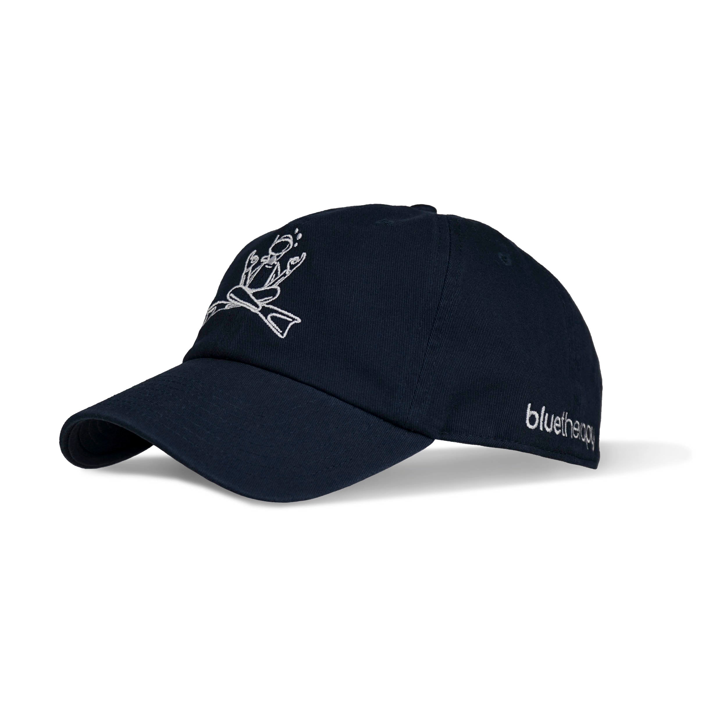 3 qtr view of navy blue baseball cap with curved brim and white embroidery, featuring minimalist zen scuba diver logo on the front and bluetherapy logo mark on side