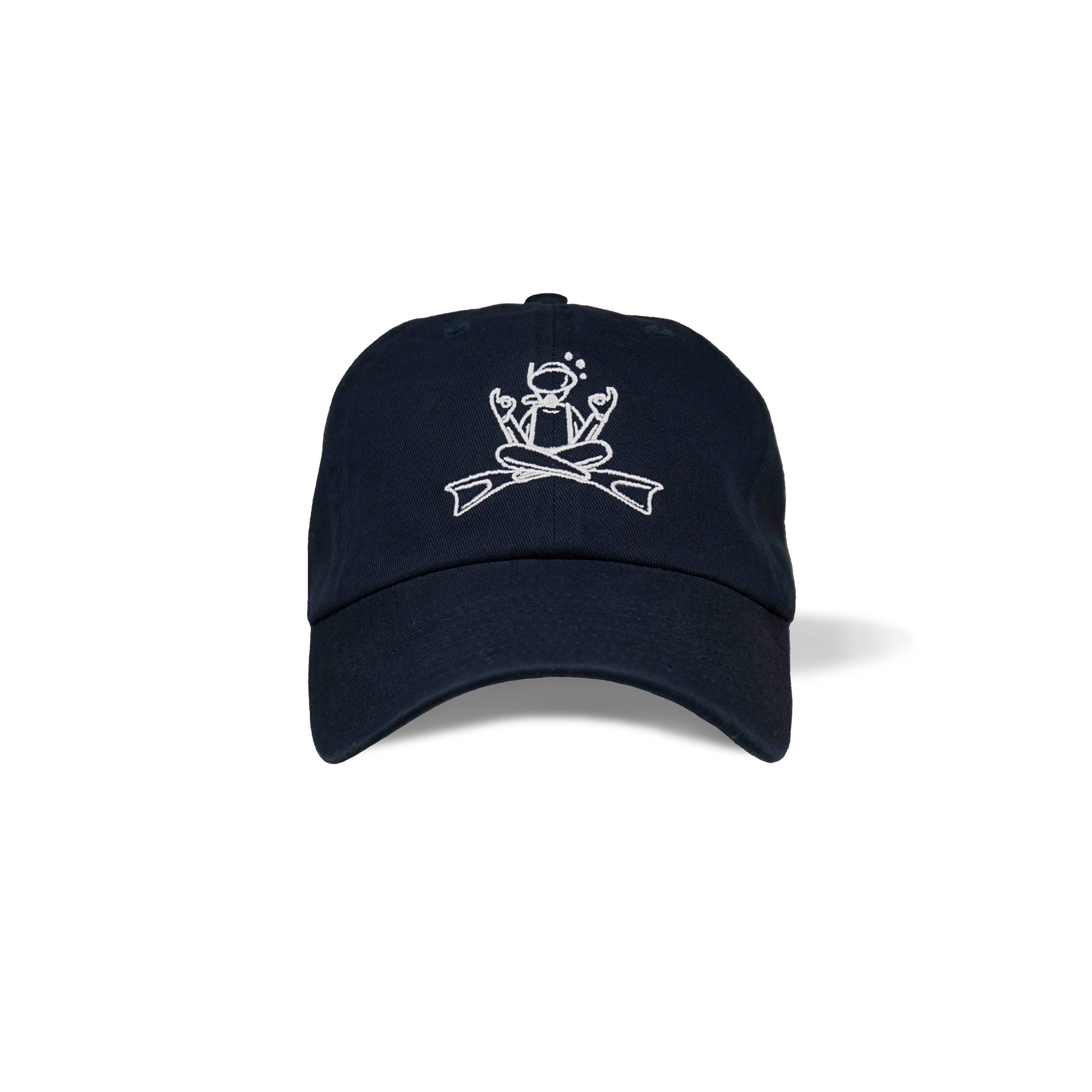Front view of navy blue dad hat, white embroidered minimalist illustration of scuba diver in a zen pose with crossed legs/fins and hands making the okay sign