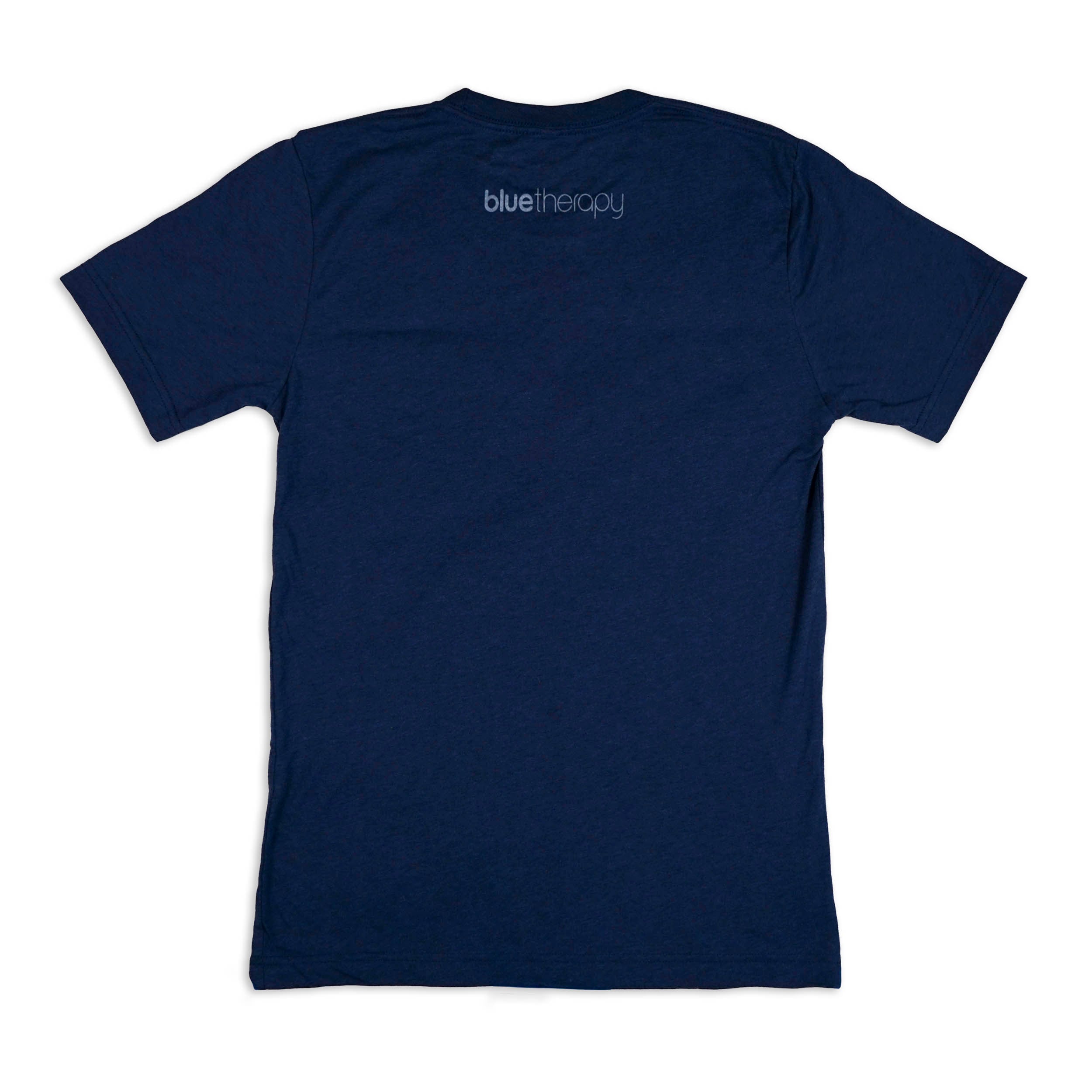 Back view of BlueTherapy Zen Deep t-shirt in deep navy, showing bluetherapy logo at top neck area