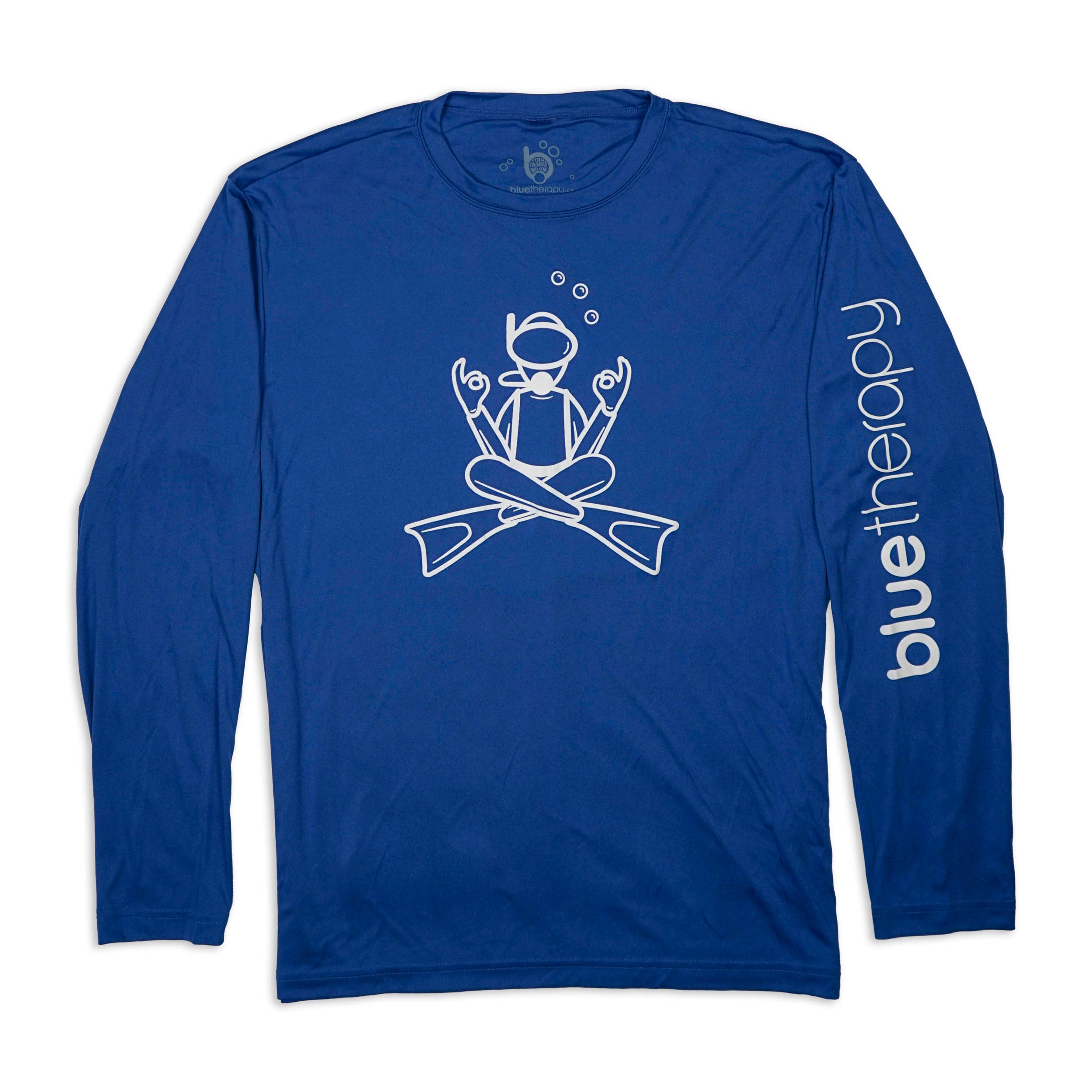 Bahama 'royal' blue longsleeve BlueTherapy performance t-shirt with a white graphic of a diver in a yoga pose with crossed legs and fins, and the text 'bluetherapy' on the sleeve.