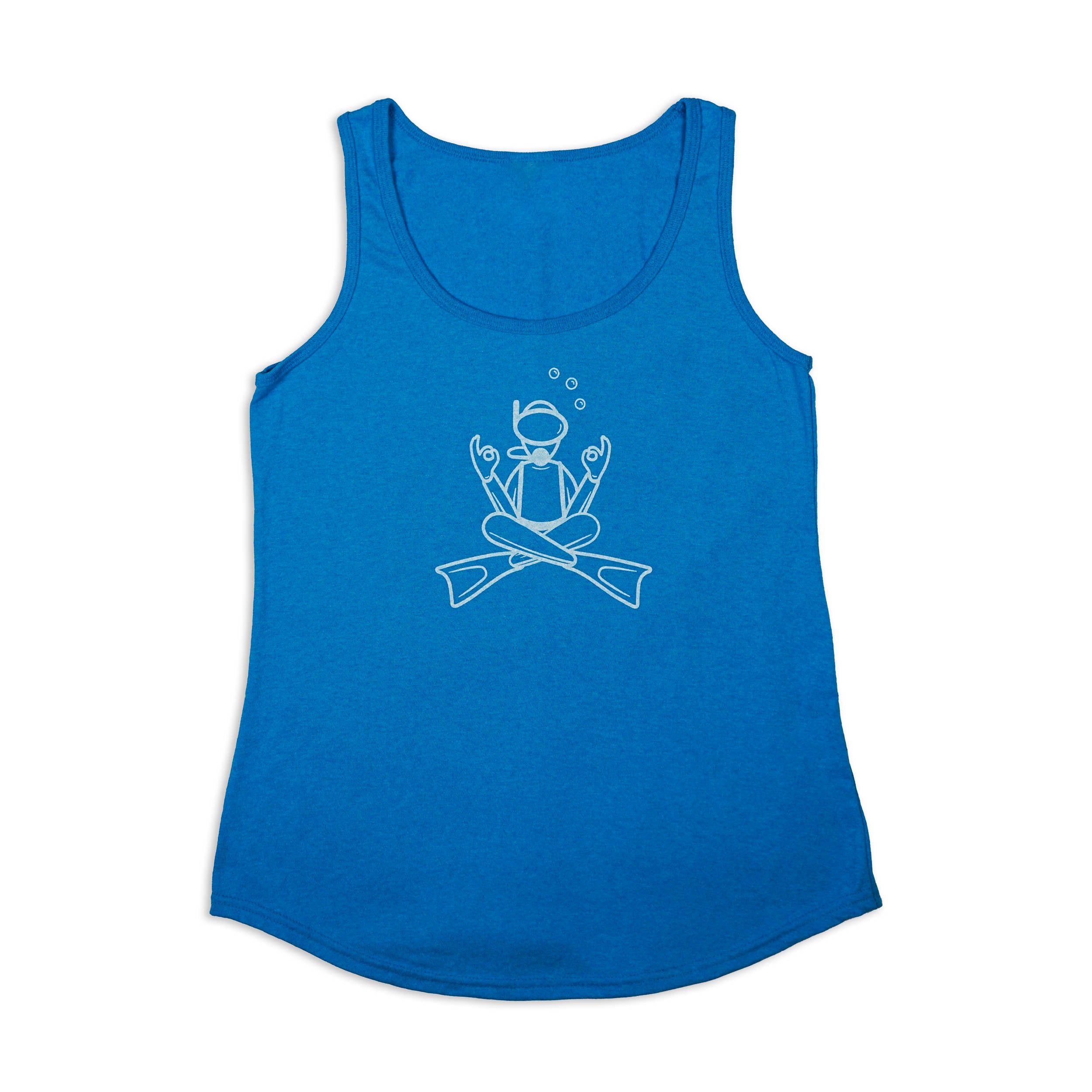 BlueTherapy blue tank top with a white graphic of a person meditating, designed for women.