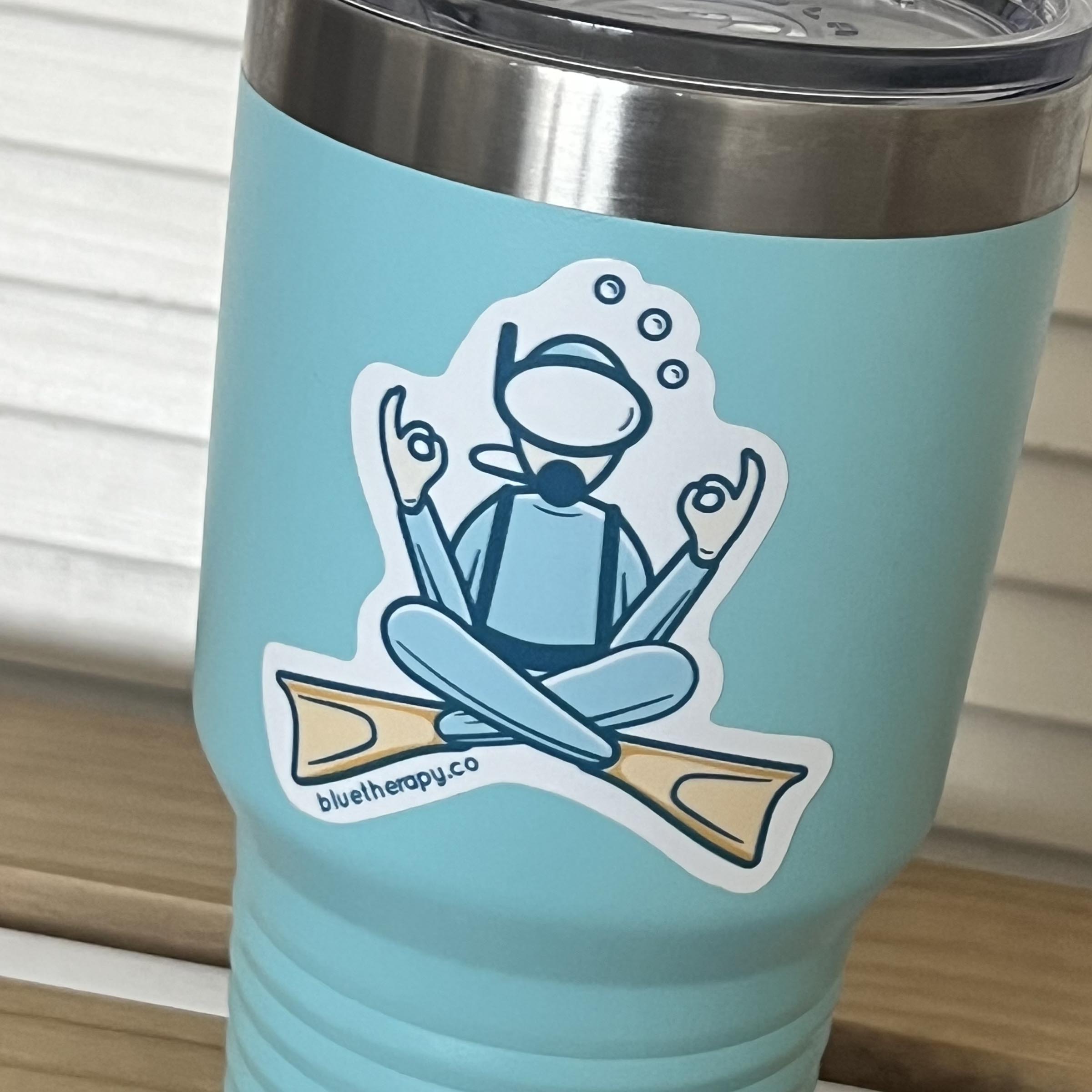 Scuba diver in zen pose vinyl sticker on a thermos mug