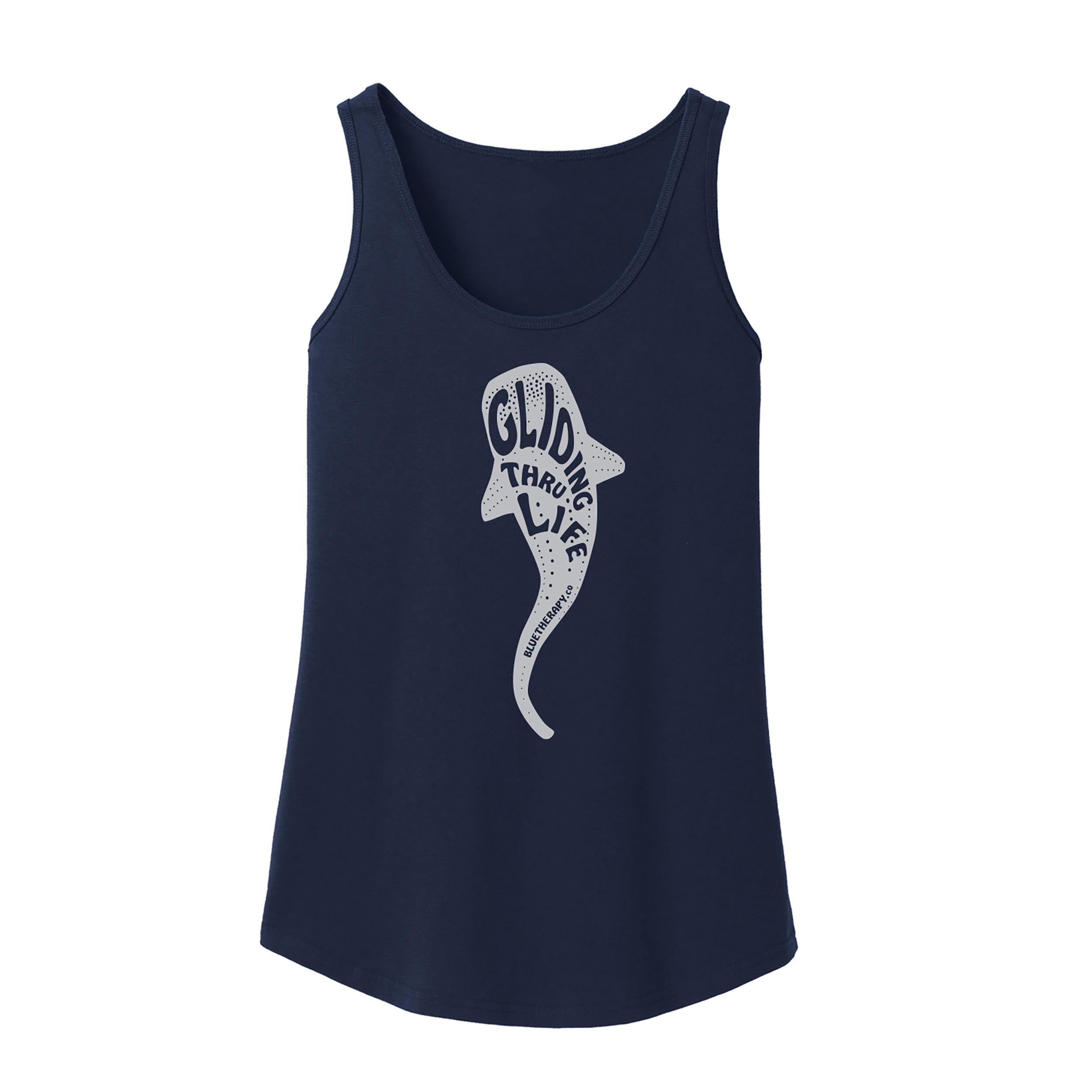 Navy BlueTherapy brand tank top with white graphic design of a whale shark with the words Gliding Thru Life