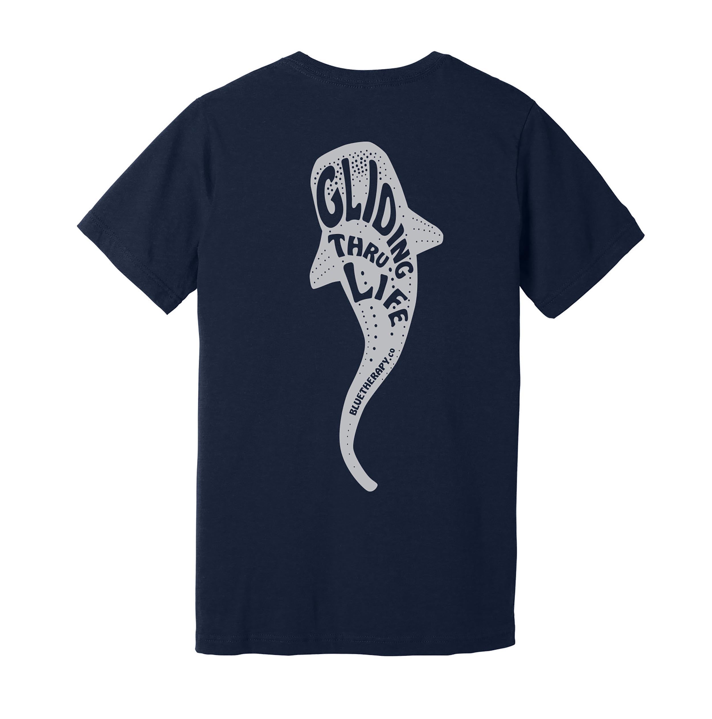 Navy blue t-shirt with a shark graphic and text on the back, on a white background