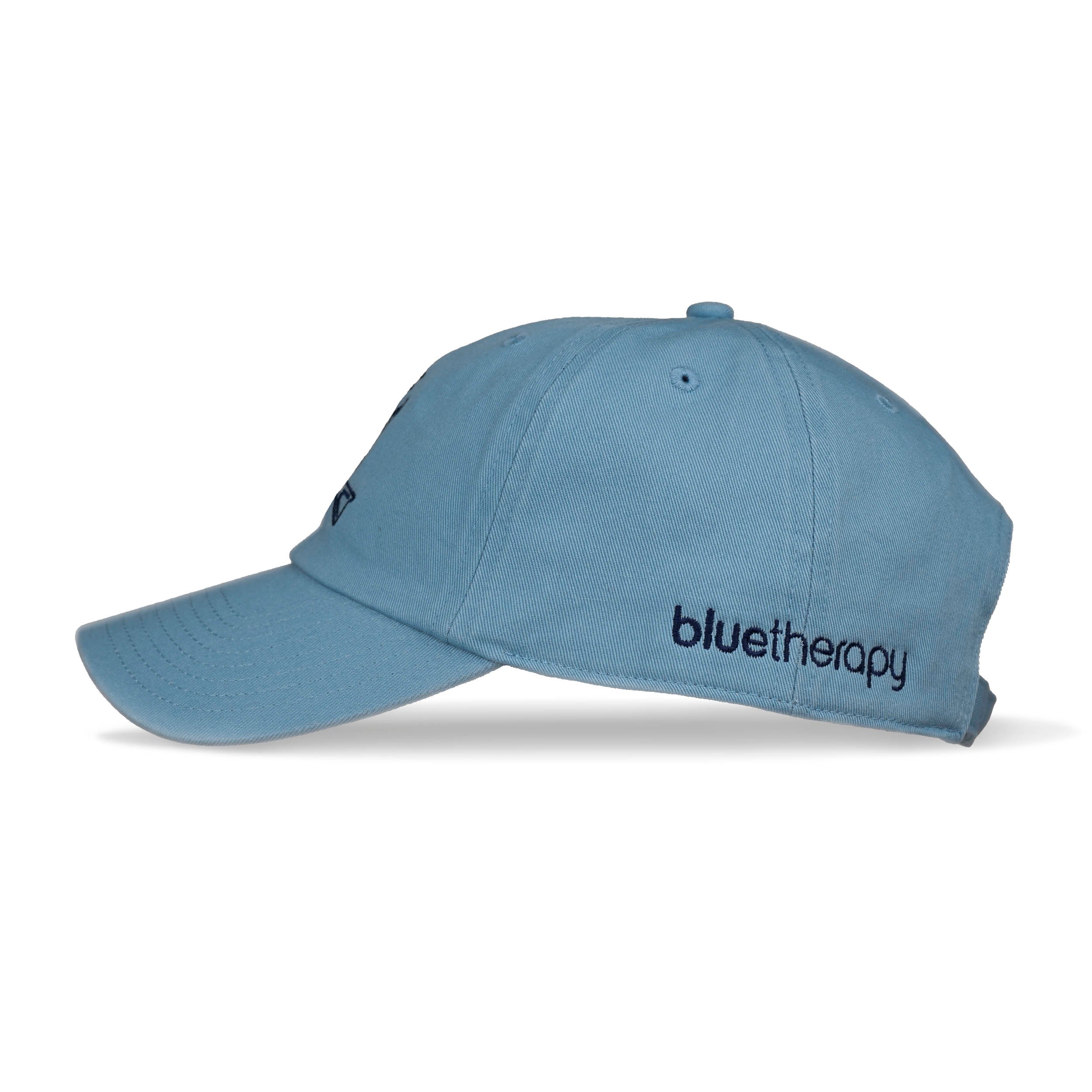 Side view of light blue dad hat with dark blue embroidered bluetherapy logo on side