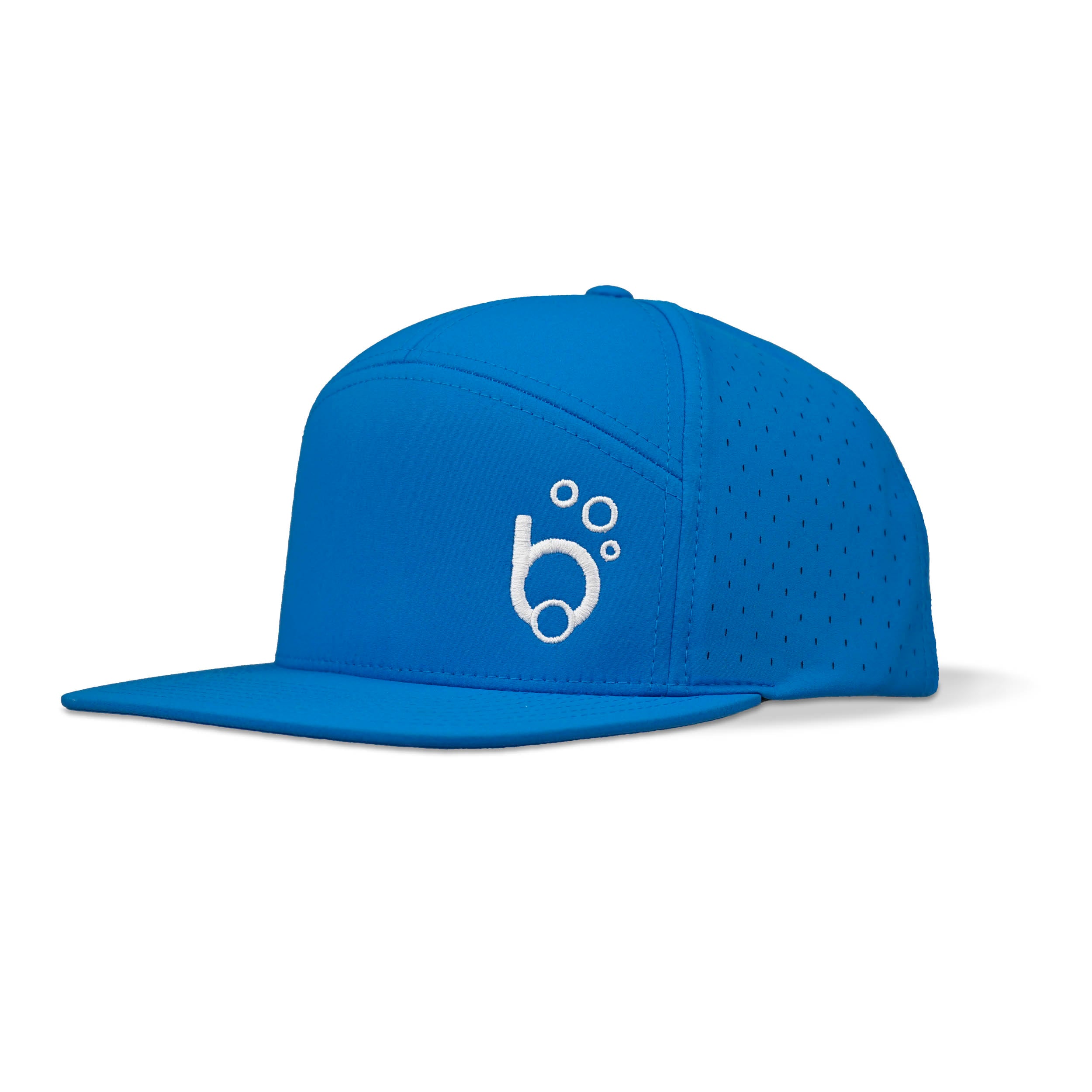 3-qtr view of a marine blue flatbill cap with white white 'bubble b' minimalist mask and snorkel art embroidery, featuring a perforated mesh and an adjustable snap-back design.