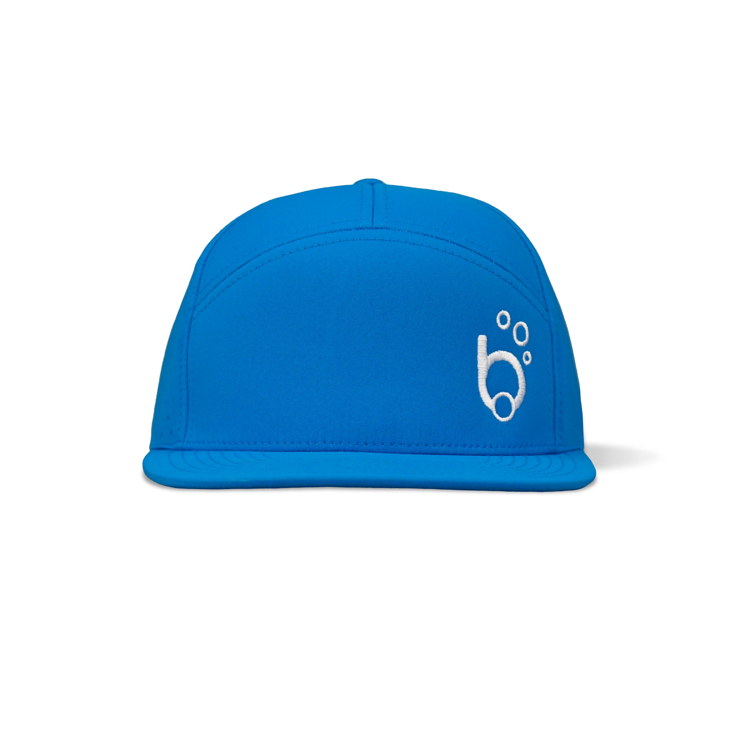 Front view of a marine blue flatbill cap with white white 'bubble b' minimalist mask and snorkel art embroidery