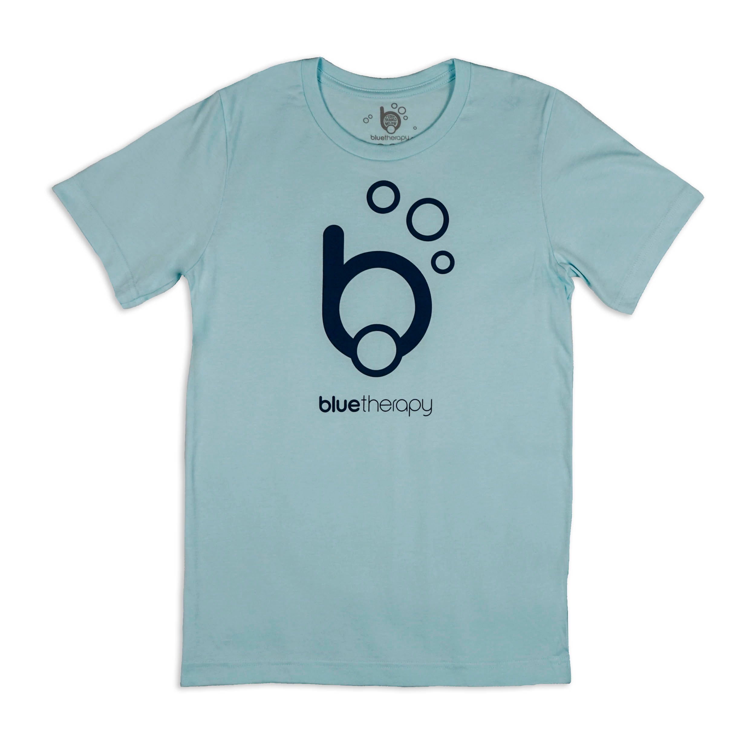 Ice blue BlueTherapy t-shirt with the 'Bubble B' minimalist mask and snorkel logo and the text 'blue therapy' logo on the front.
