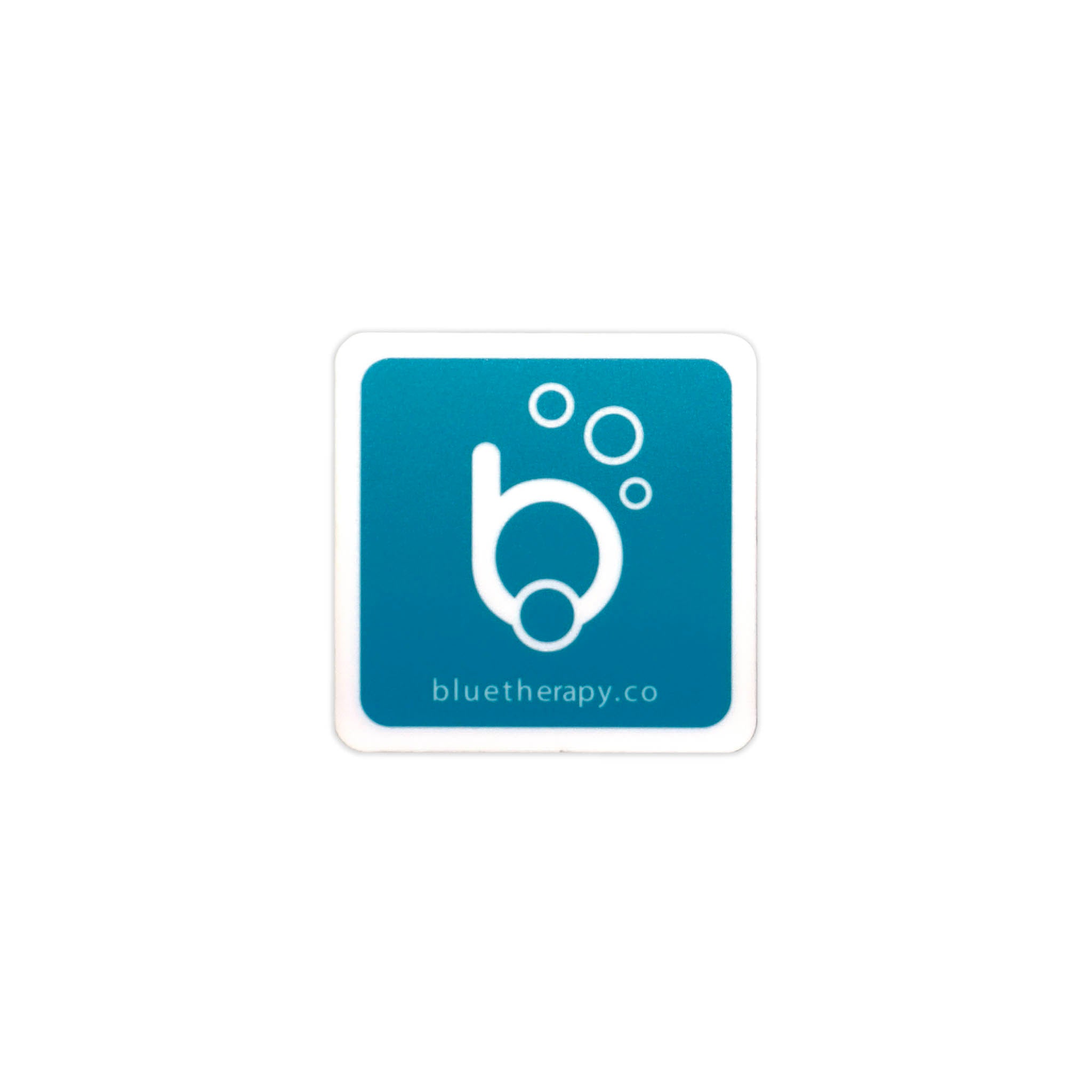 A 2.5 inch die-cut vinyl sticker with white BlueTherapy 'Bubble B' icon, minimalist mask and snorkel logo, on blue background graphic and the text 'BlueTherapy.Co'.
