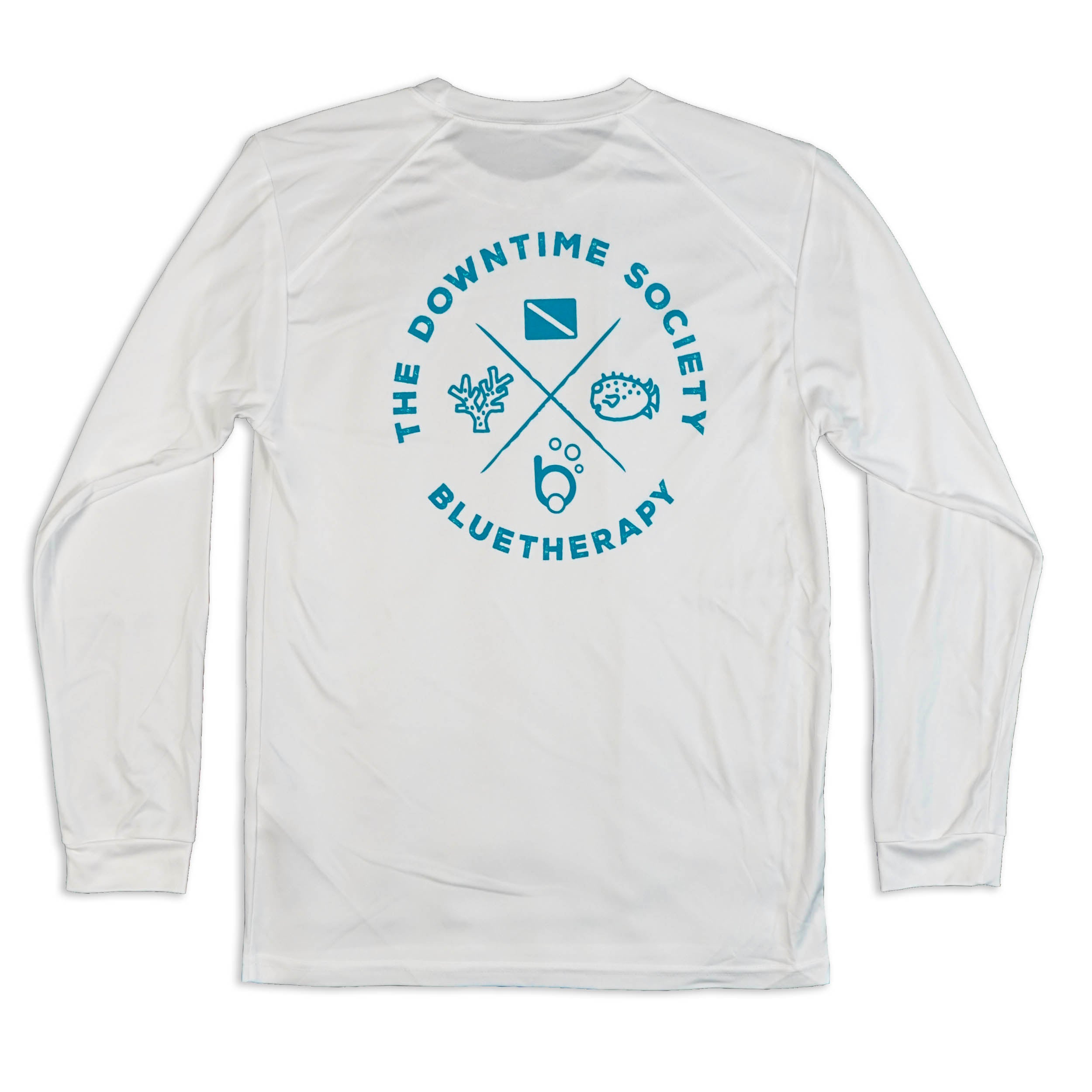 Back view of BlueTherapy UPF longsleeve, white shirt with text showcasing full retro 'The Downtime Society' emblem design with retro X quadrant artwork with diver down flag, pufferfish, coral, and 'bubble b' icon