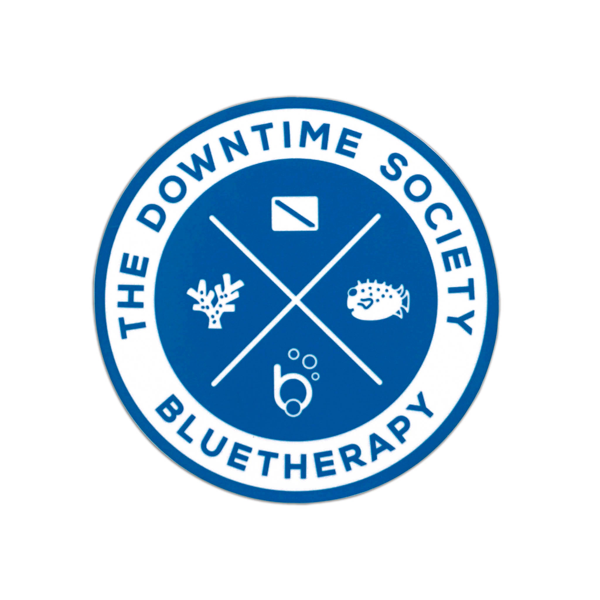 4" blue vinyl sticker with the text 'DOWNTIME SOCIETY THE BLUE THERAPY', features retro X quadrant artwork with diver down flag, pufferfish, coral, and 'bubble b' icon