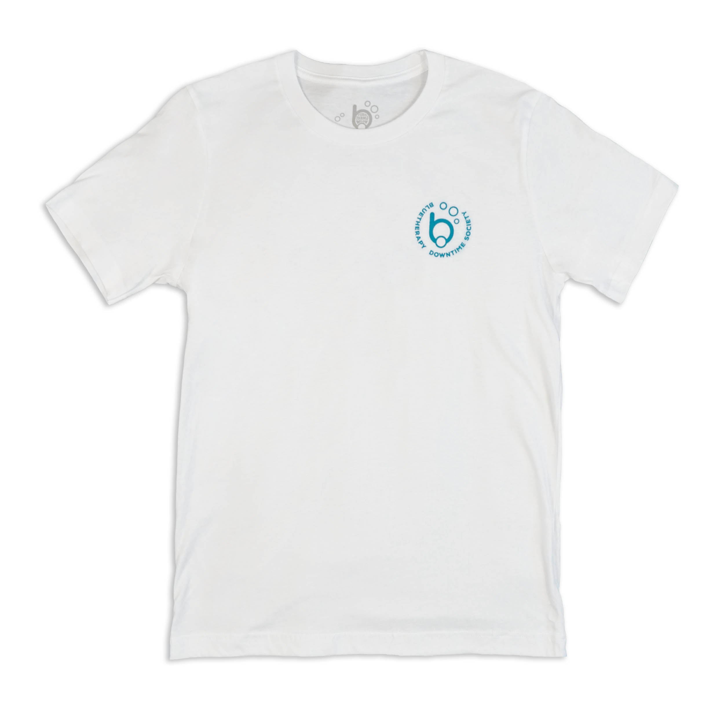 Front of BlueTherapy Downtime Society t-shirt, on left chest area 'Bubble B' minimalist mask and snorkel art encircled by 'BLUETHERAPY DOWNTIME SOCIETY' text