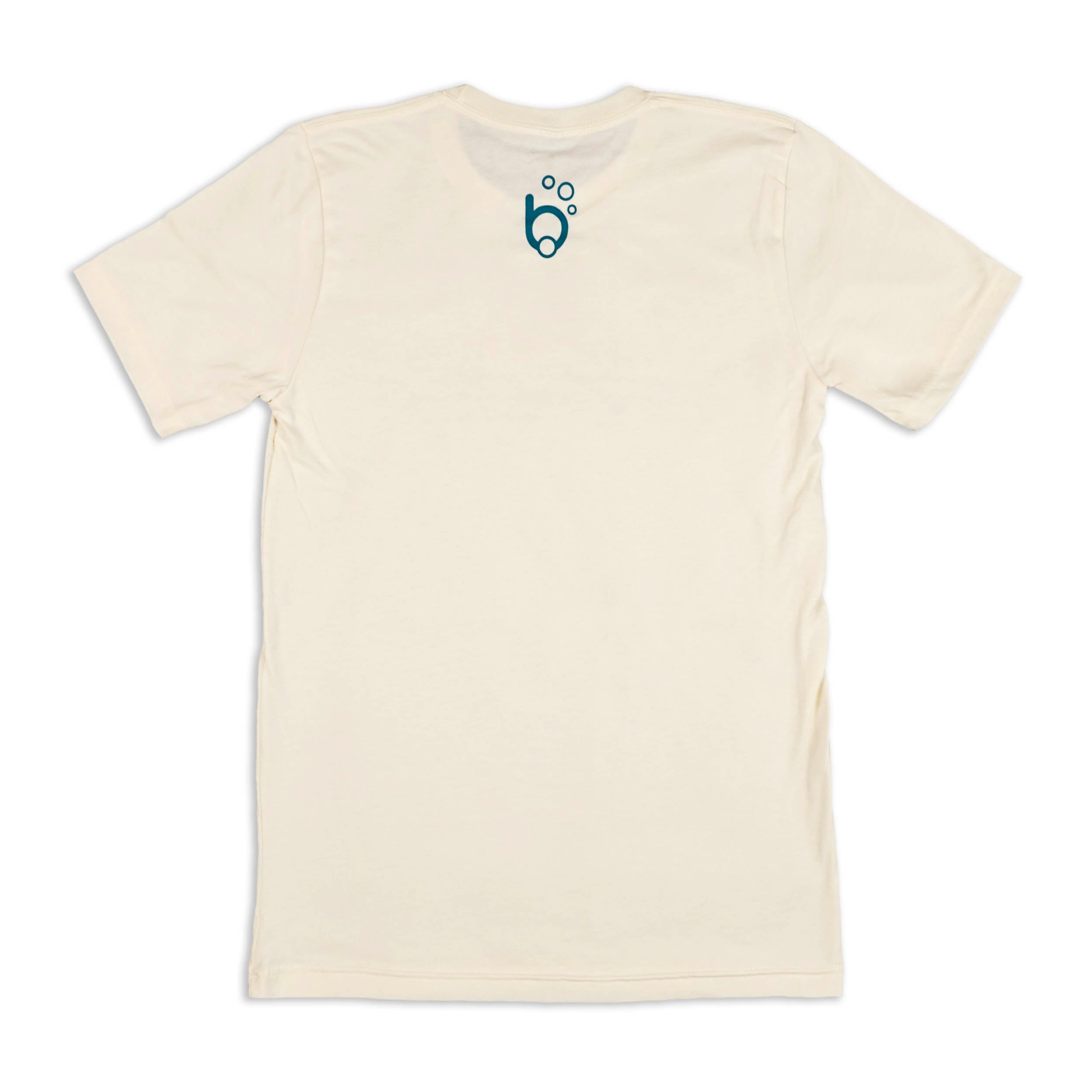 Back view of BlueTherapy 'Embrace' t-shirt in beige, at top neck area teal 'bubble b' icon of minimalist mask and snorkel
