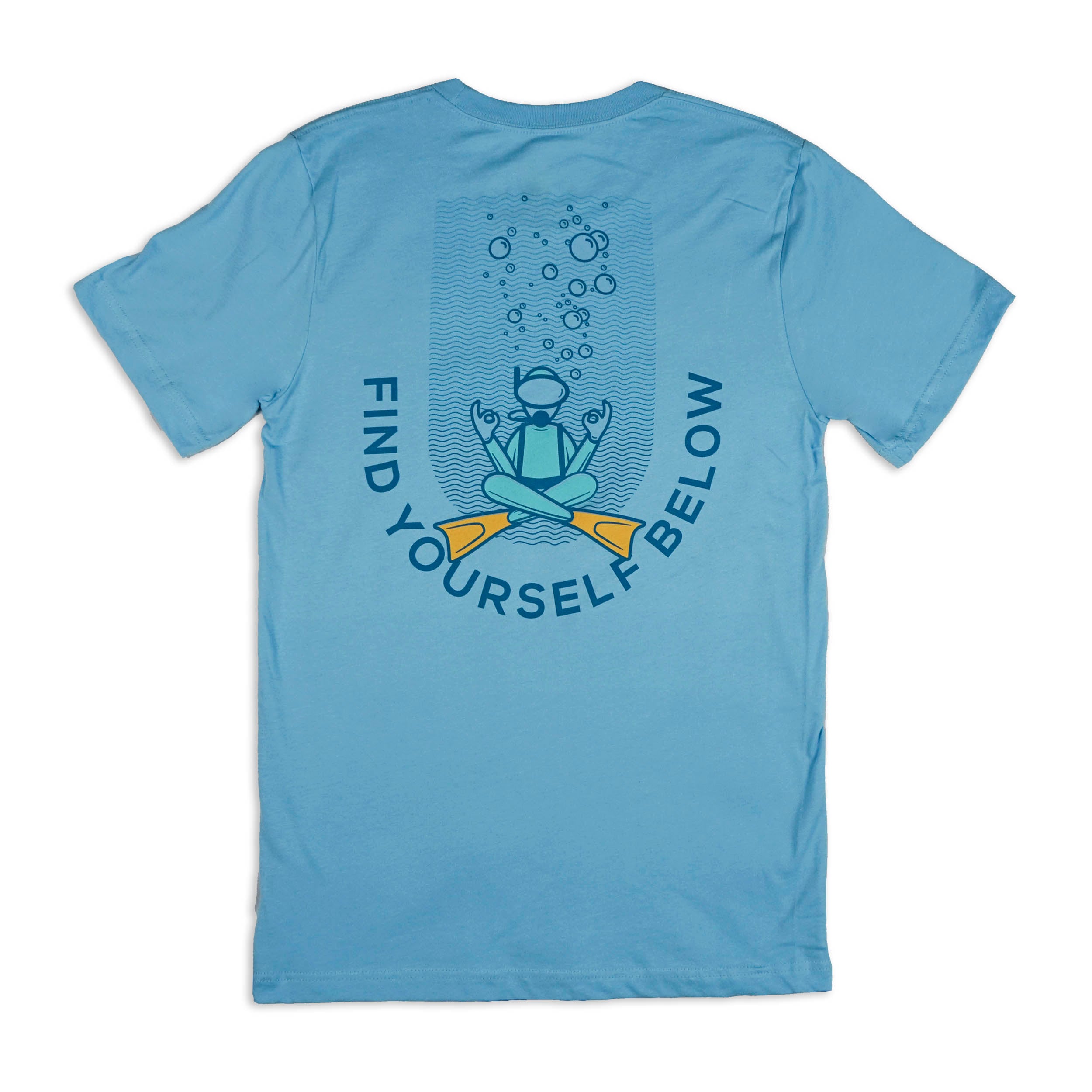 Back view of light blue colored t-shirt with teal and yellow minimalist illustration of scuba diver in a zen pose with crossed legs/fins and hands making the okay sign, water depth lines behind and bubbles rising, with arcing 'FIND YOURSELF BELOW' around bottom half