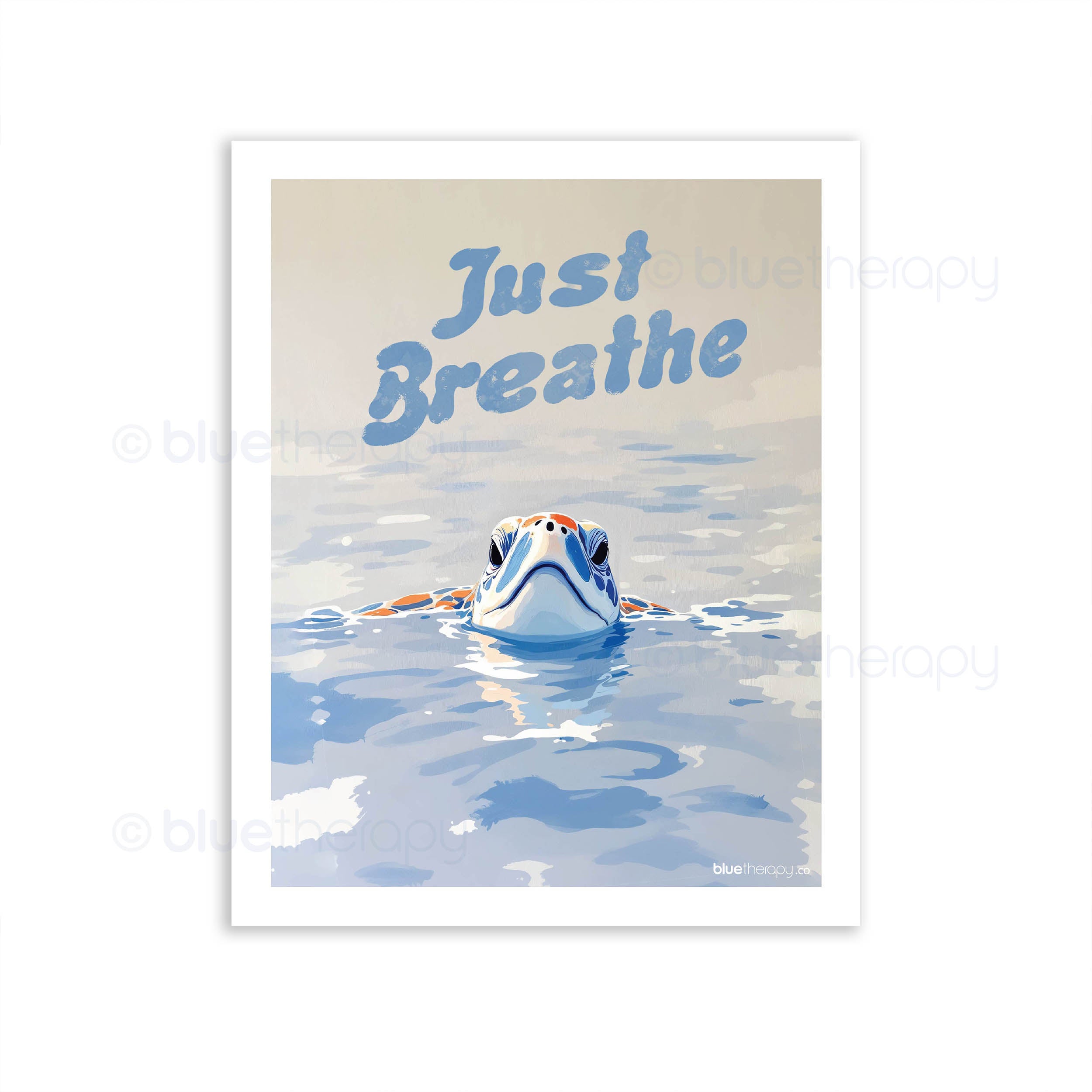 BlueTherapy Just Breathe wall art print: serene sea turtle taking a breath above calm blue ocean waves with bold 'Just Breathe' text overlay