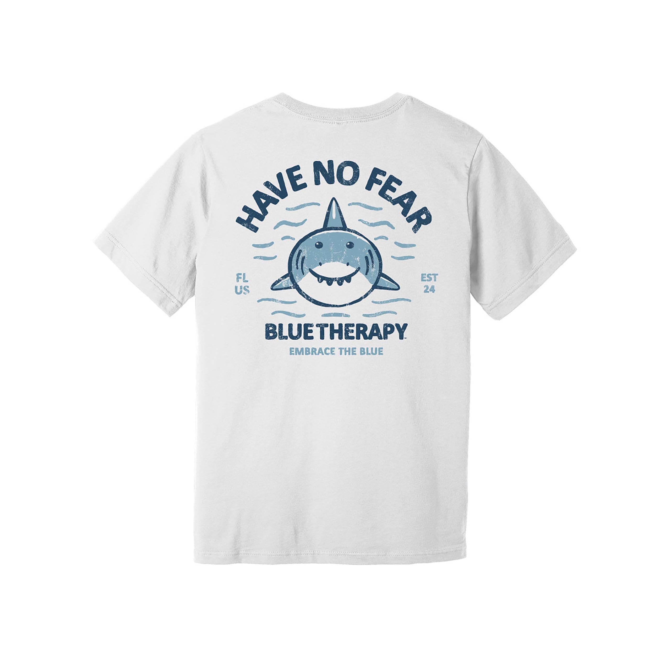 BlueTherapy Have No Fear Sharkie kids t-shirt front view, white cotton tee with friendly whale shark graphic and 'Have No Fear', 'BlueTherapy' and 'Embrace the Blue' text on back