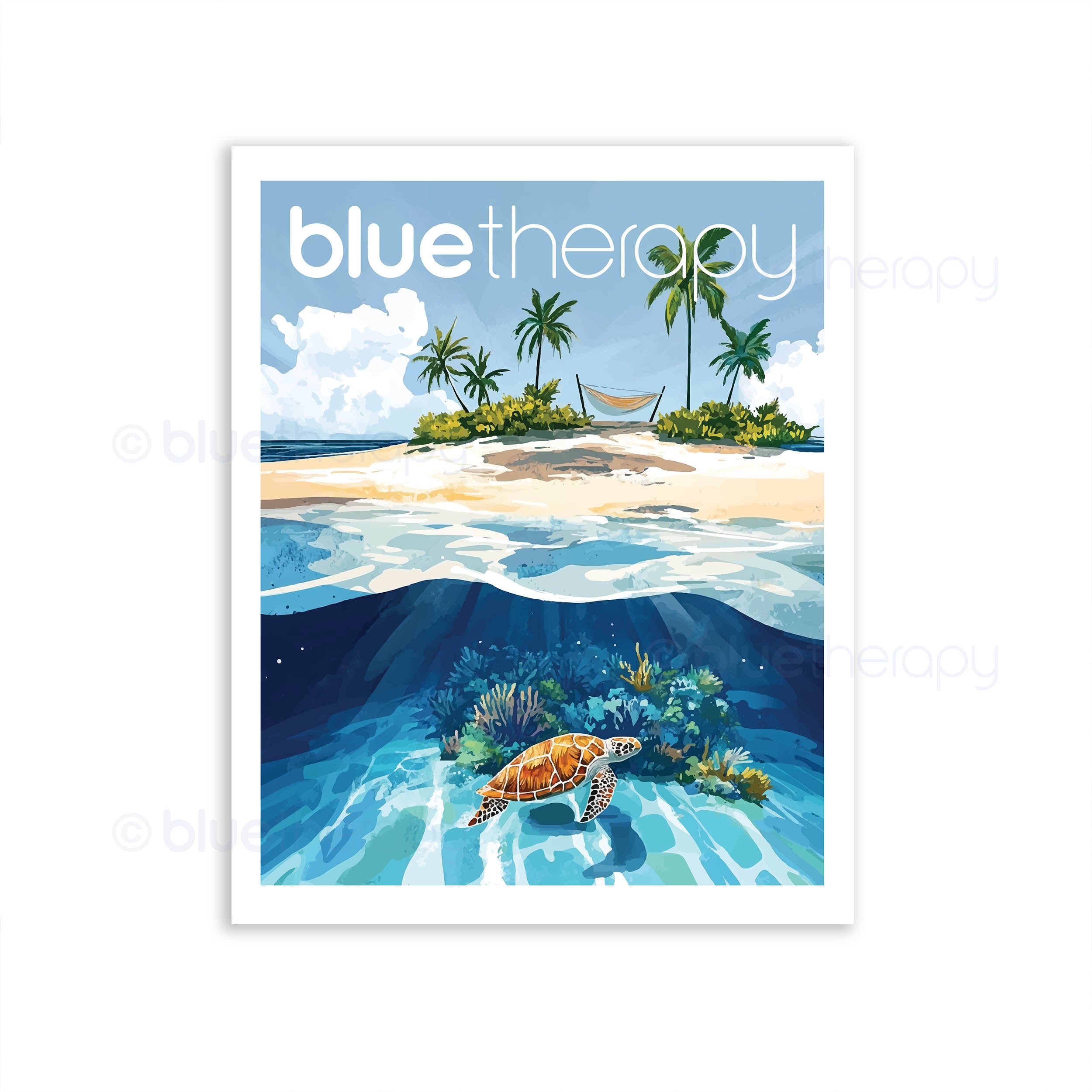 BlueTherapy sea turtle wall art print: split-view tropical beach above and vibrant underwater reef below with sea turtle swimming in blue ocean