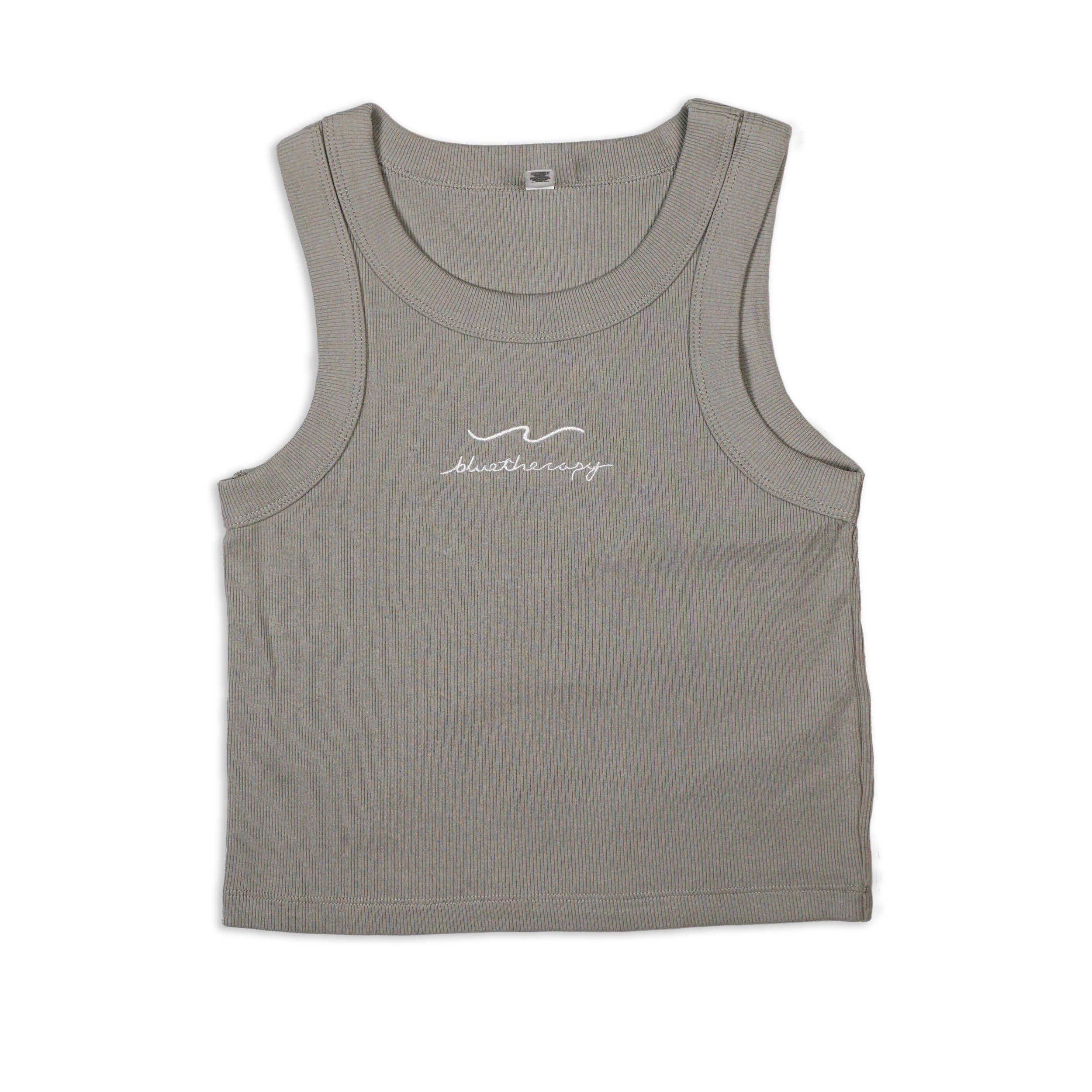 BlueTherapy gray ribbed crop tank top with white embroidered wave art on the front