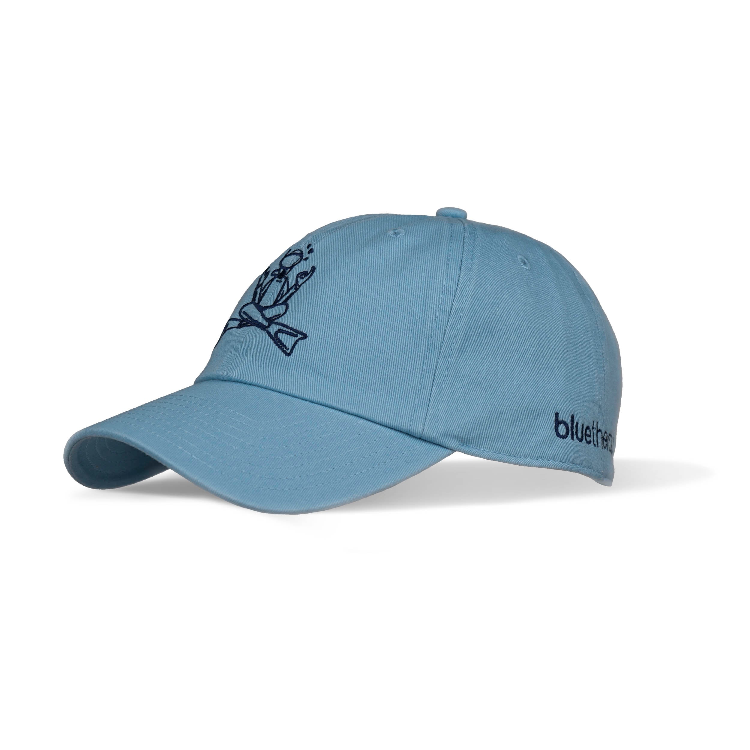 3 qtr view of light blue baseball cap with curved brim and navy embroidery, featuring minimalist zen scuba diver logo on the front and bluetherapy logo mark on side