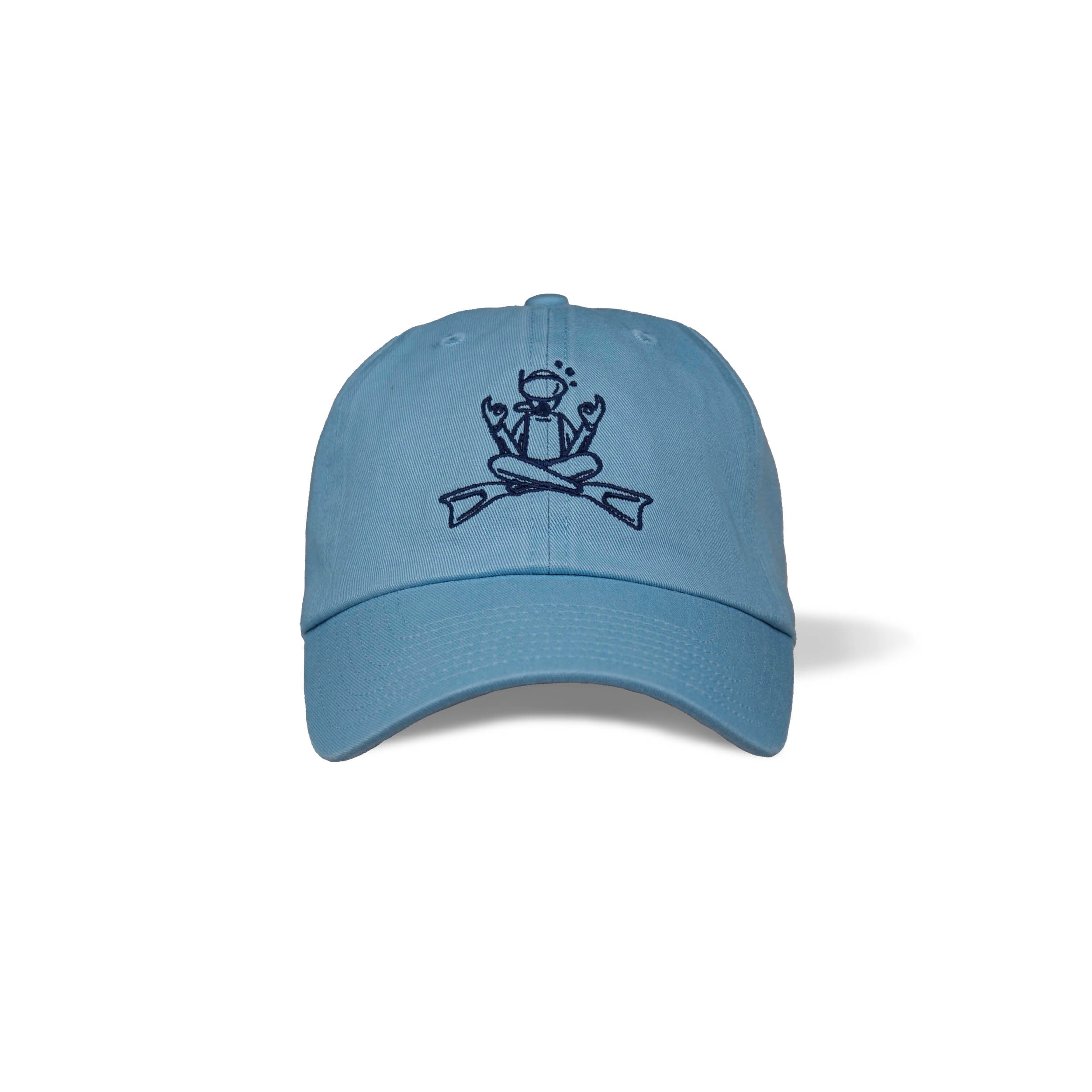Front view of light blue dad hat, dark blue embroidered minimalist illustration of scuba diver in a zen pose with crossed legs/fins and hands making the okay sign