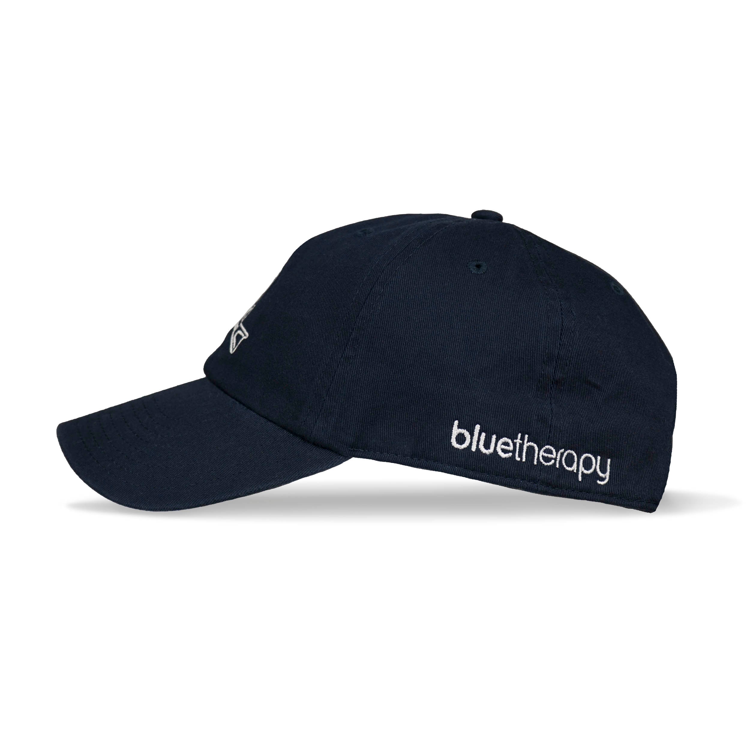 Side view of navy blue dad hat with white embroidered bluetherapy logo on side