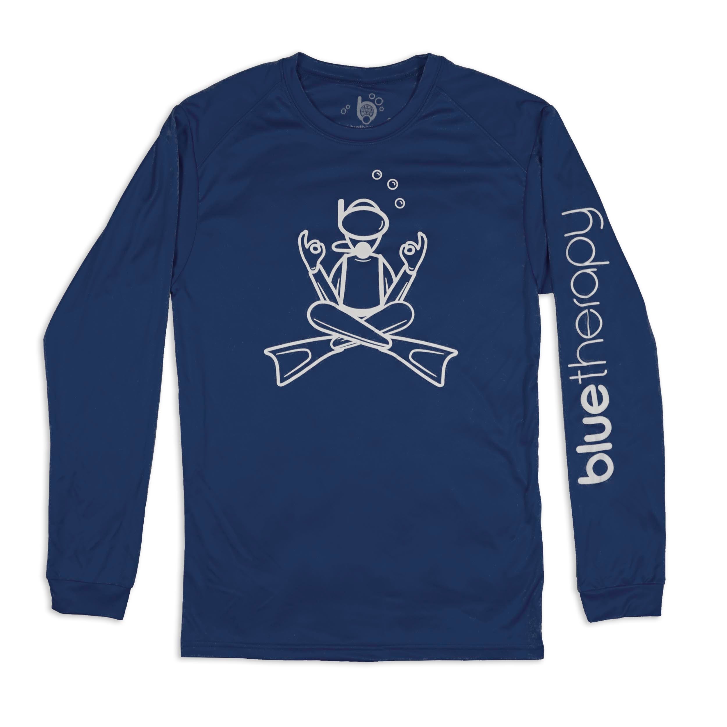 BlueTherapy zen navy UPF longsleeve shirt front view, minimalist white illustration of diver in yoga pose with bubbles and crossed fins, brand on sleeve