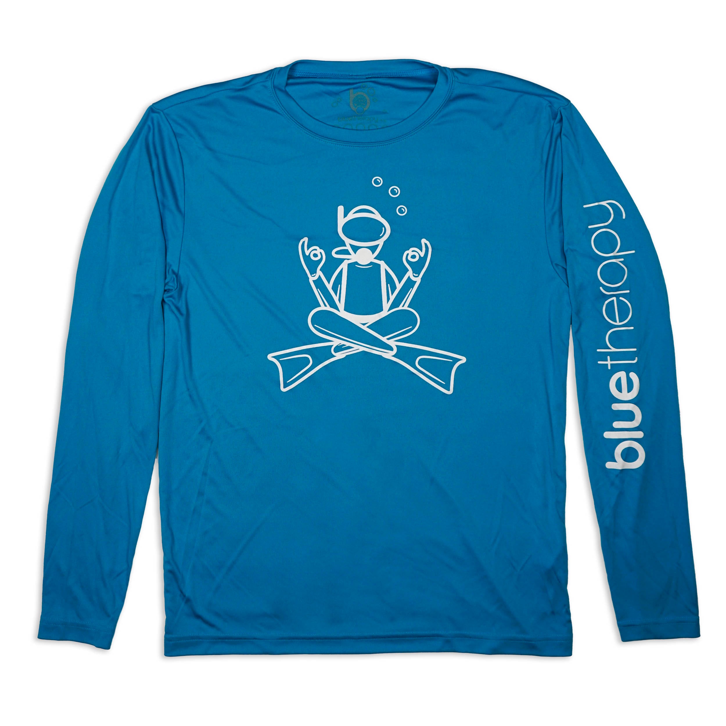 BlueTherapy zen marine blue performance longsleeve shirt front view, minimalist white illustration of diver in zen yoga pose with bubbles and crossed fins, brand on sleeve