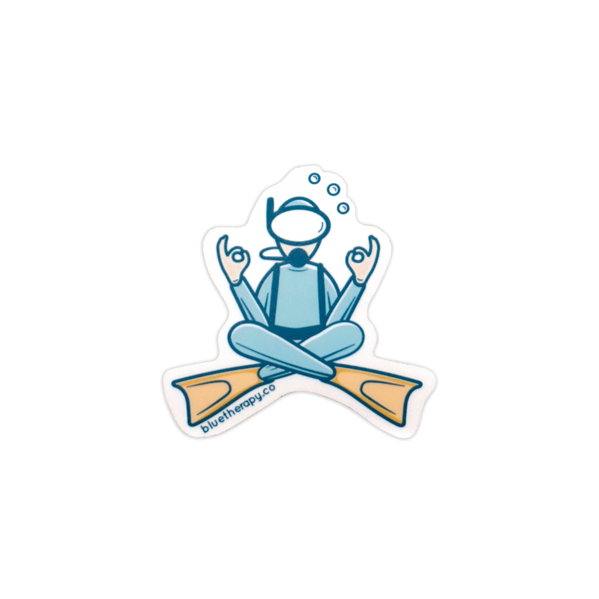 3" die-cut vinyl sticker with minimalist illustration of scuba diver in a zen pose with crossed legs/fins and hands making the okay sign, 'bluetherapy.co' website address at the bottom