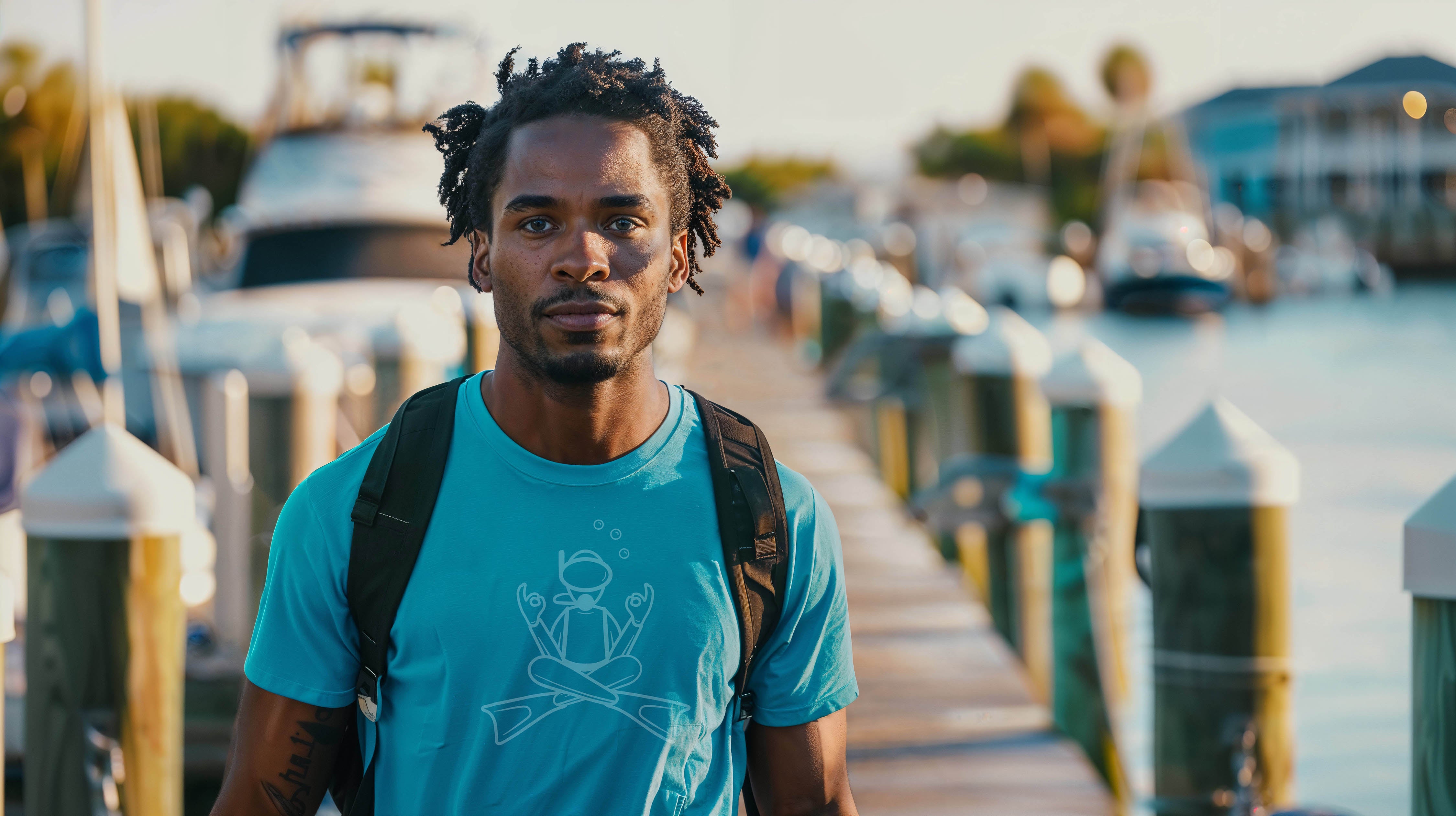 Ronald standing on dock wearing BlueTherapy Zen aqua t-shirt, minimalist white diver in zen yoga pose with bubbles and crossed fins graphic, calm coastal marina background