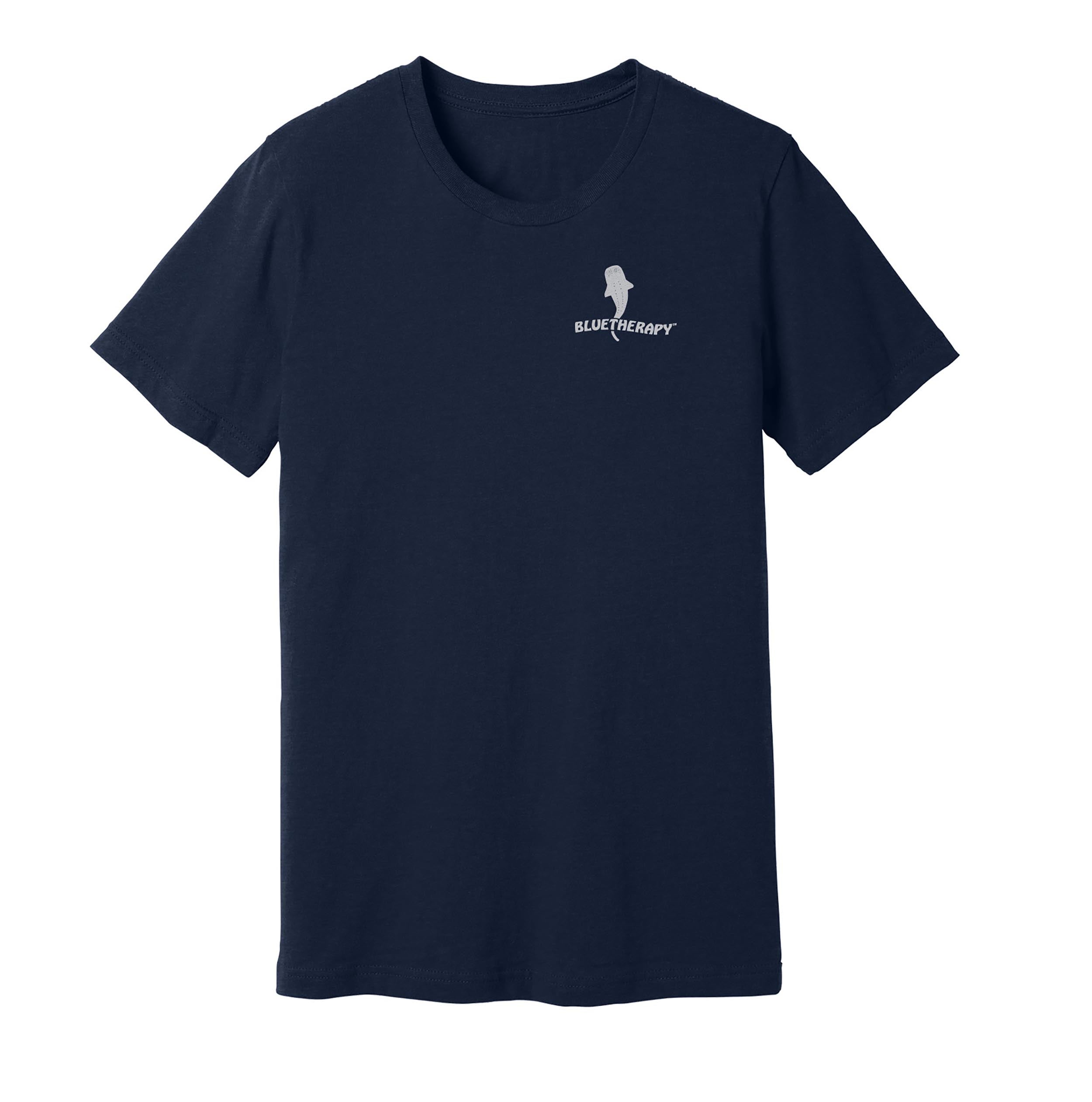 Navy blue t-shirt with a white logo on a white background
